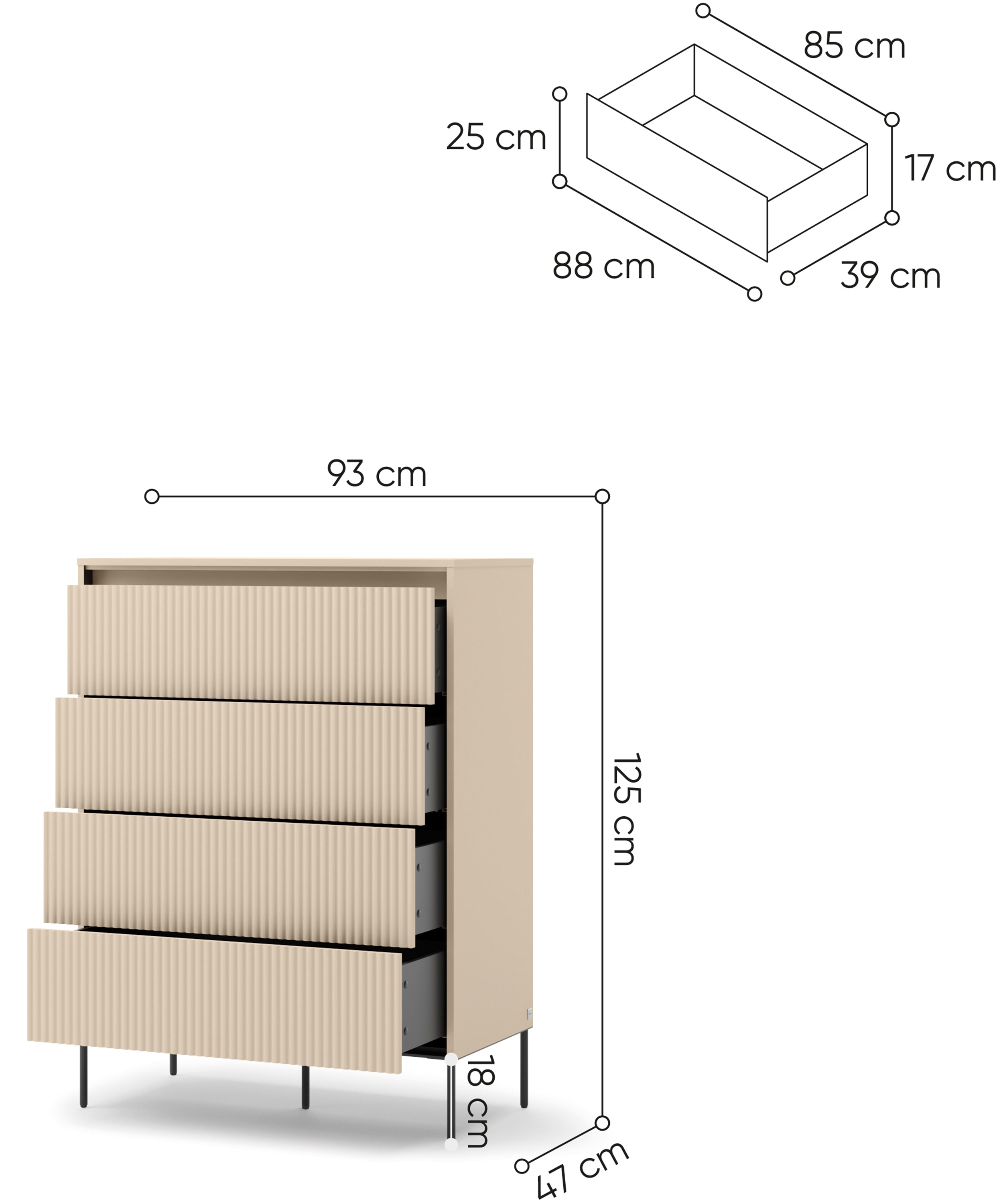 Hohe Kommode Trend mit vier Schubladen und Beleuchtung, 93 cm, gerillte Fronten, sandbeige / schwarz