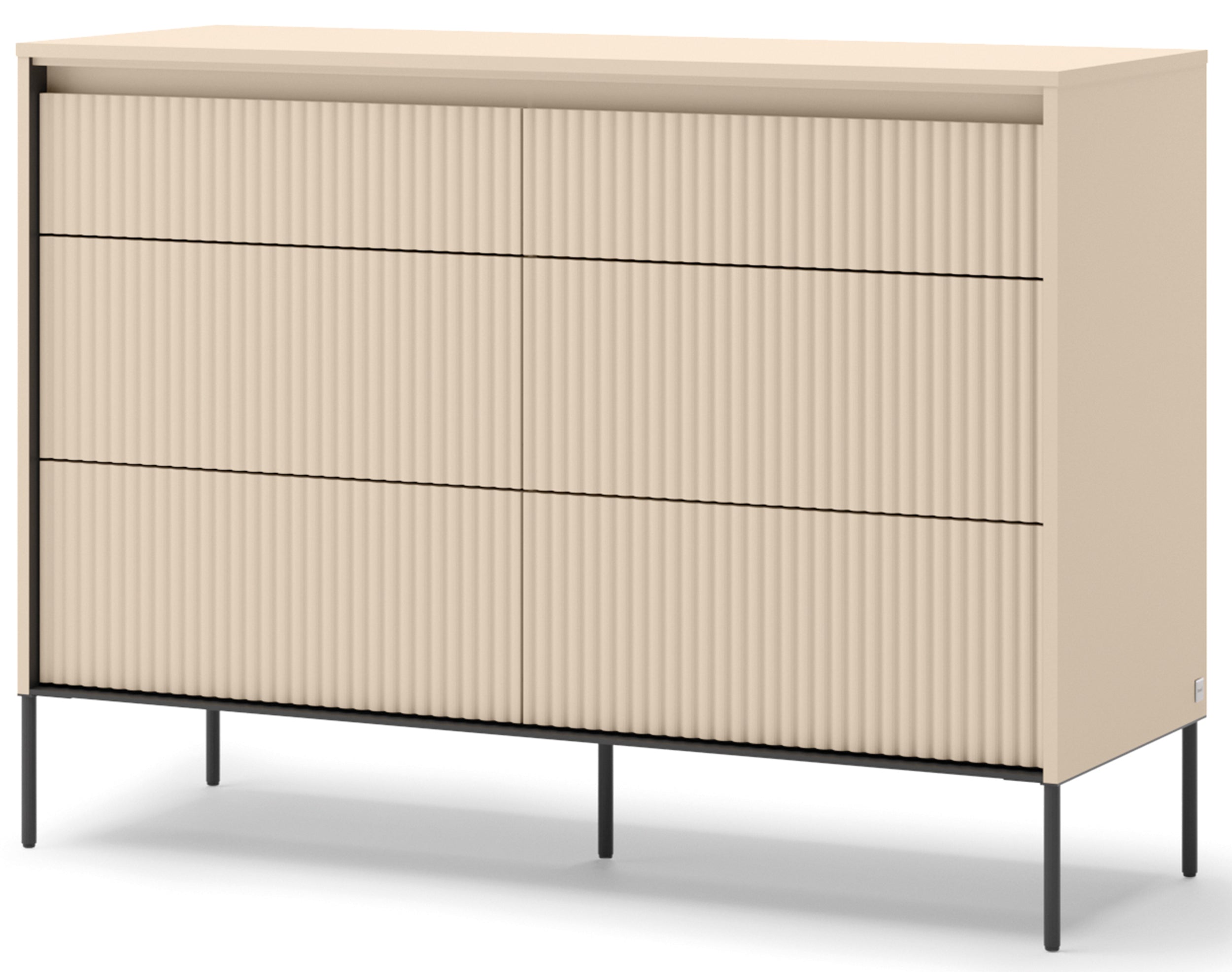 Trend-Kommode mit sechs Schubladen und Beleuchtung, 130 cm, gerillte Fronten, Sandbeige / Schwarz