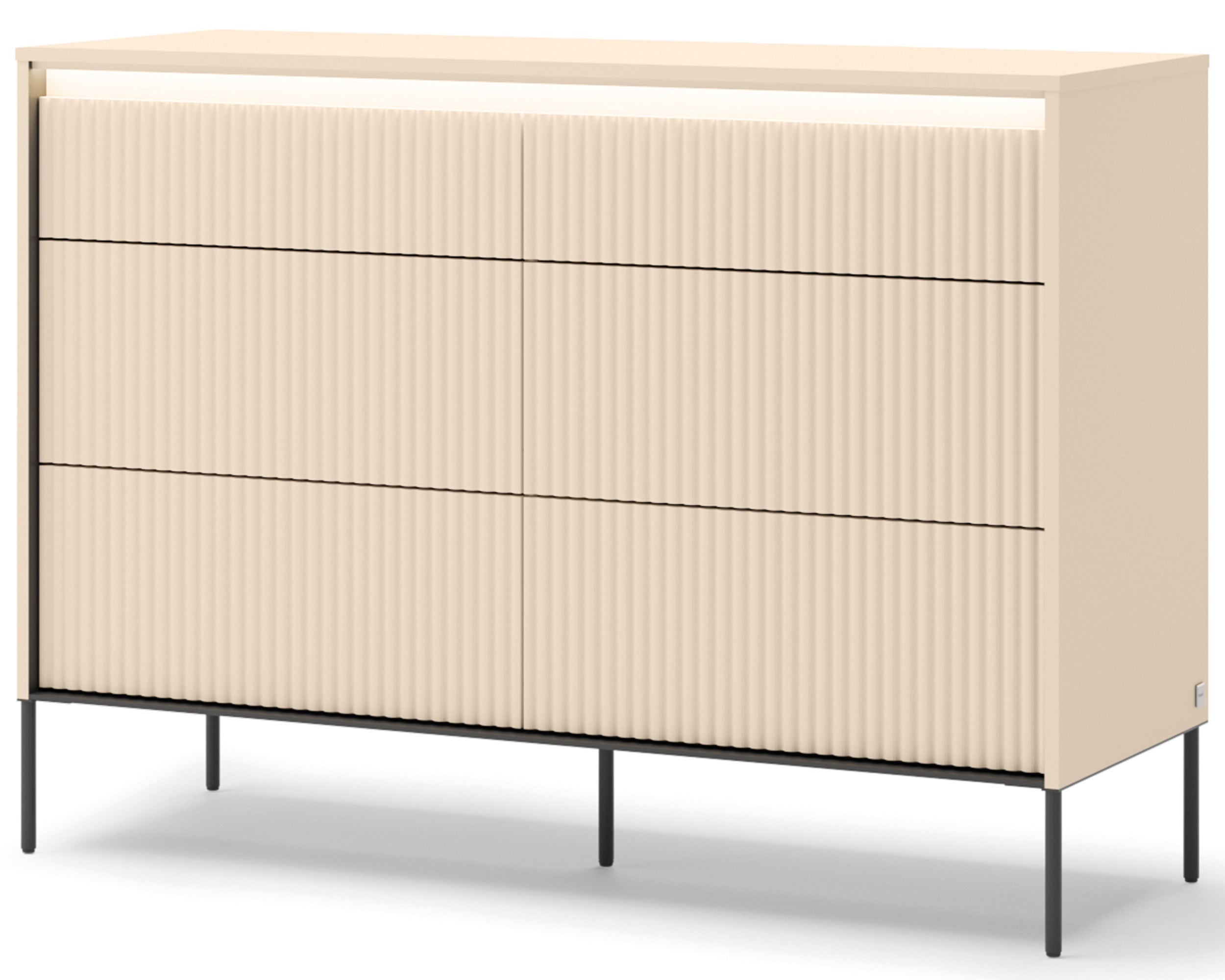 Trend-Kommode mit sechs Schubladen und Beleuchtung, 130 cm, gerillte Fronten, Sandbeige / Schwarz