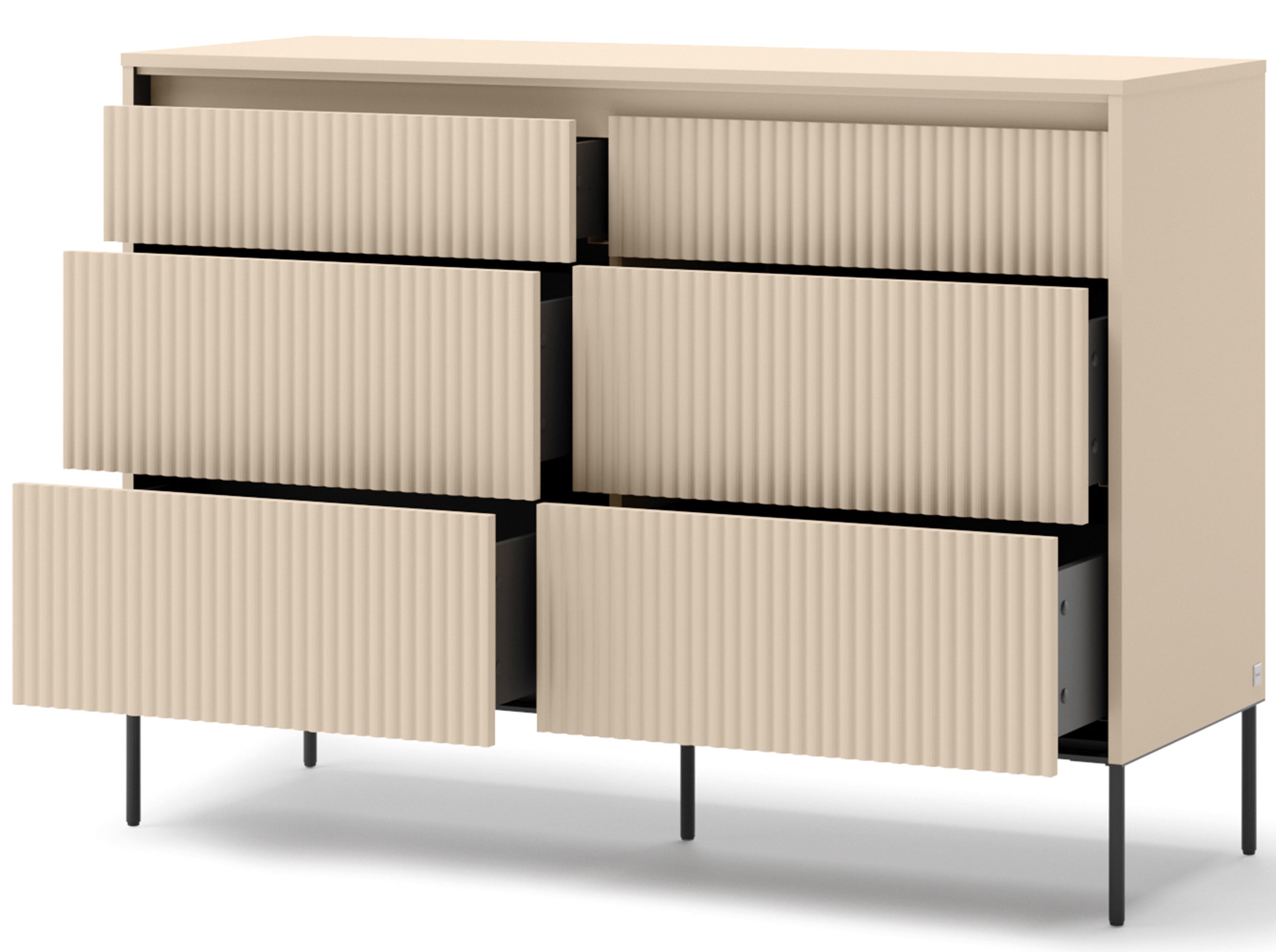 Trend-Kommode mit sechs Schubladen und Beleuchtung, 130 cm, gerillte Fronten, Sandbeige / Schwarz