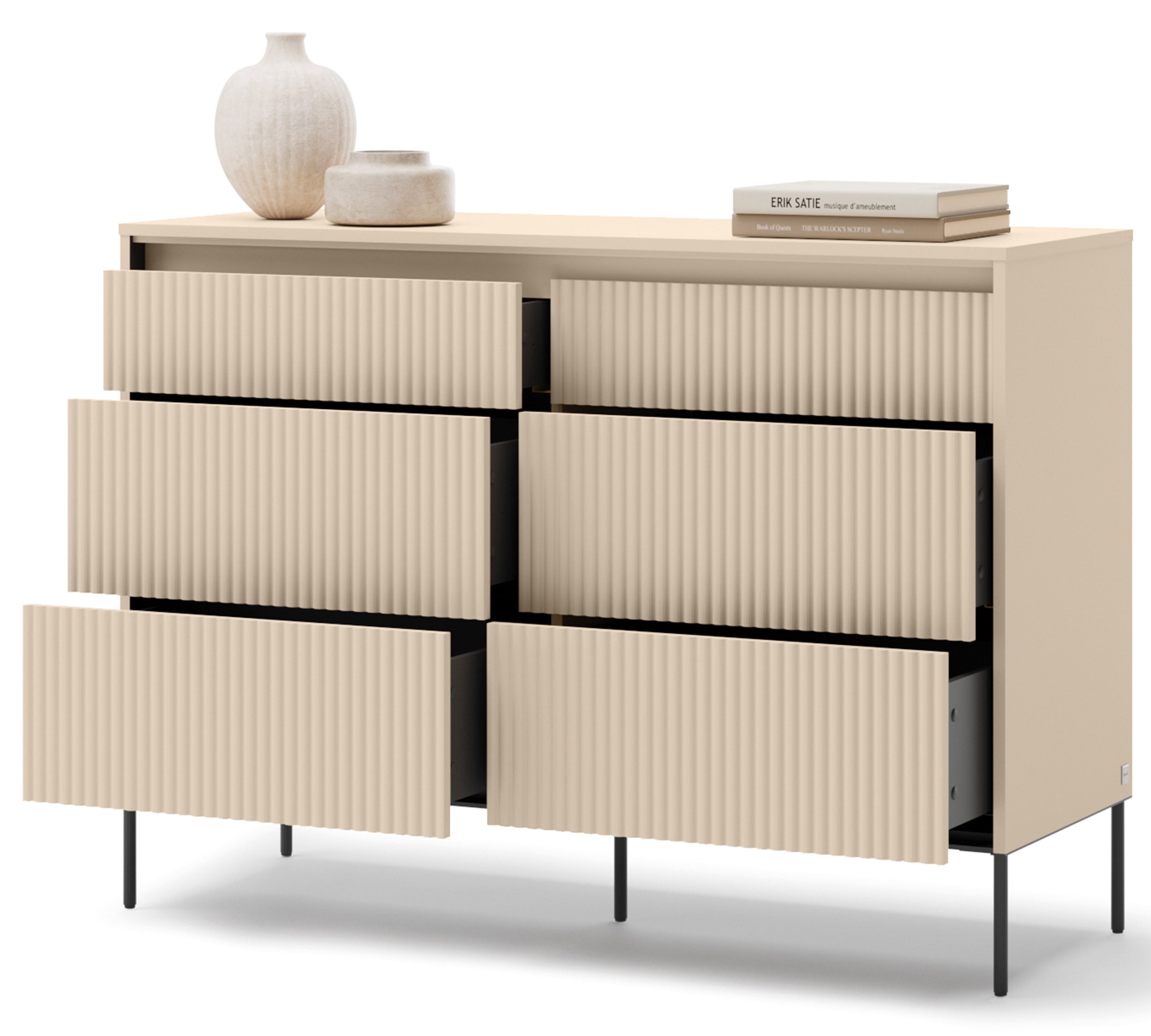 Trend-Kommode mit sechs Schubladen und Beleuchtung, 130 cm, gerillte Fronten, Sandbeige / Schwarz