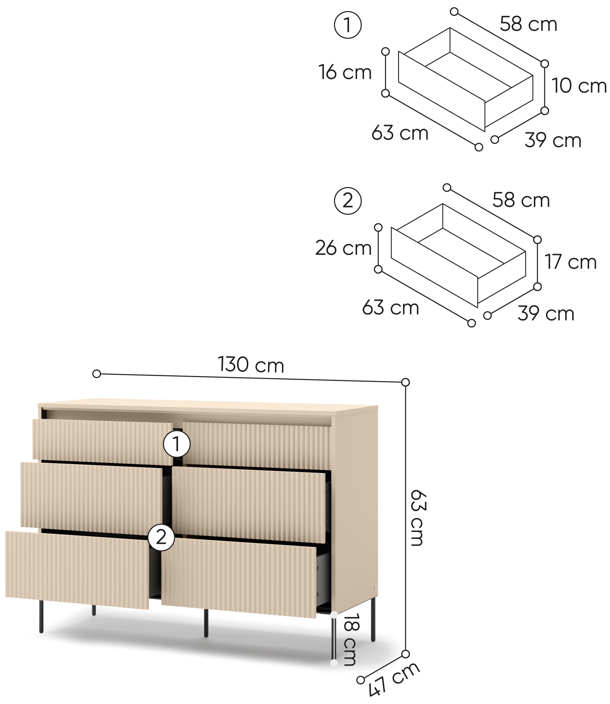 Trend-Kommode mit sechs Schubladen und Beleuchtung, 130 cm, gerillte Fronten, Sandbeige / Schwarz