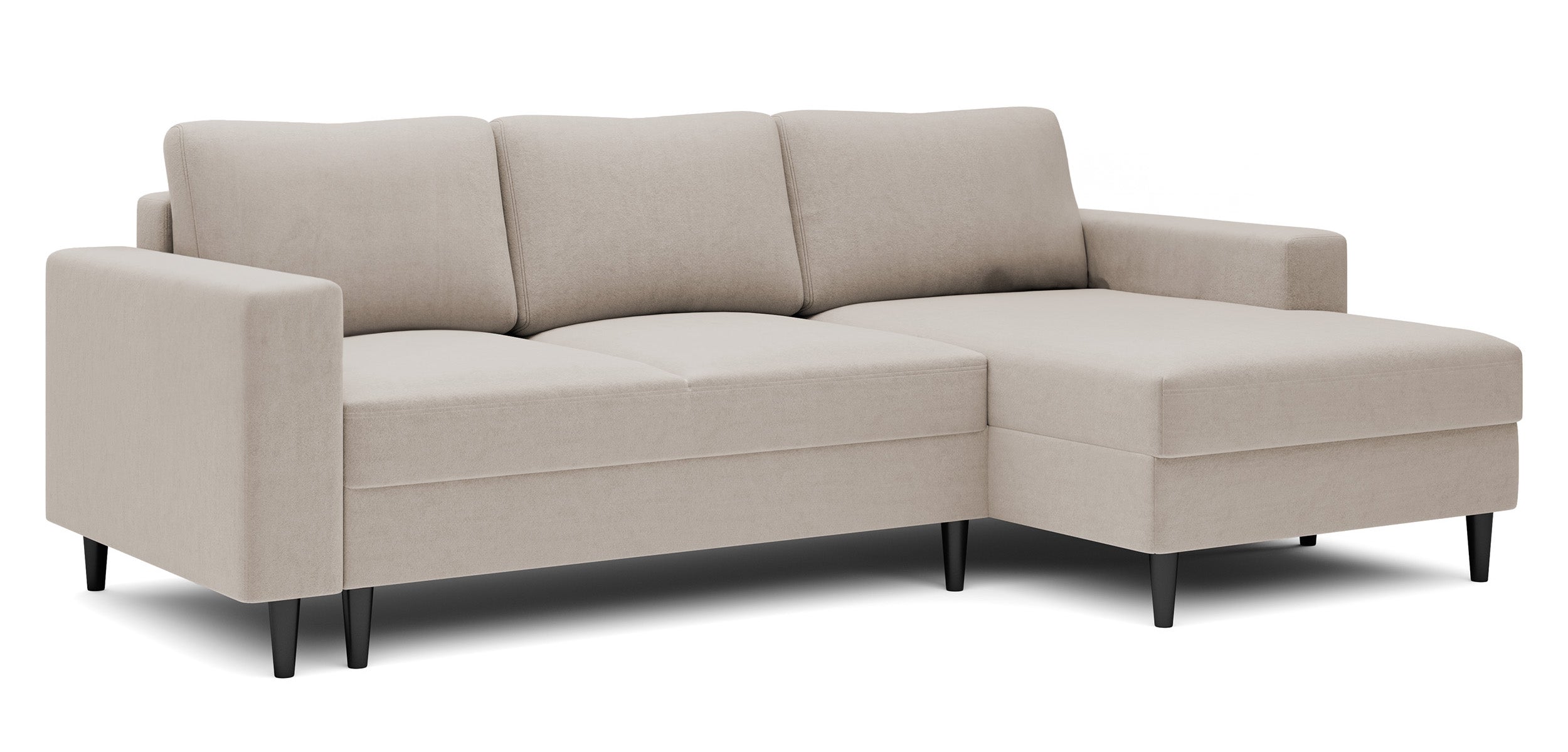 Ecksofa mit Schlaffunktion Nalika, L-förmig, mit Stauraum, beige Velours, wasserabweisend, rechtsseitig