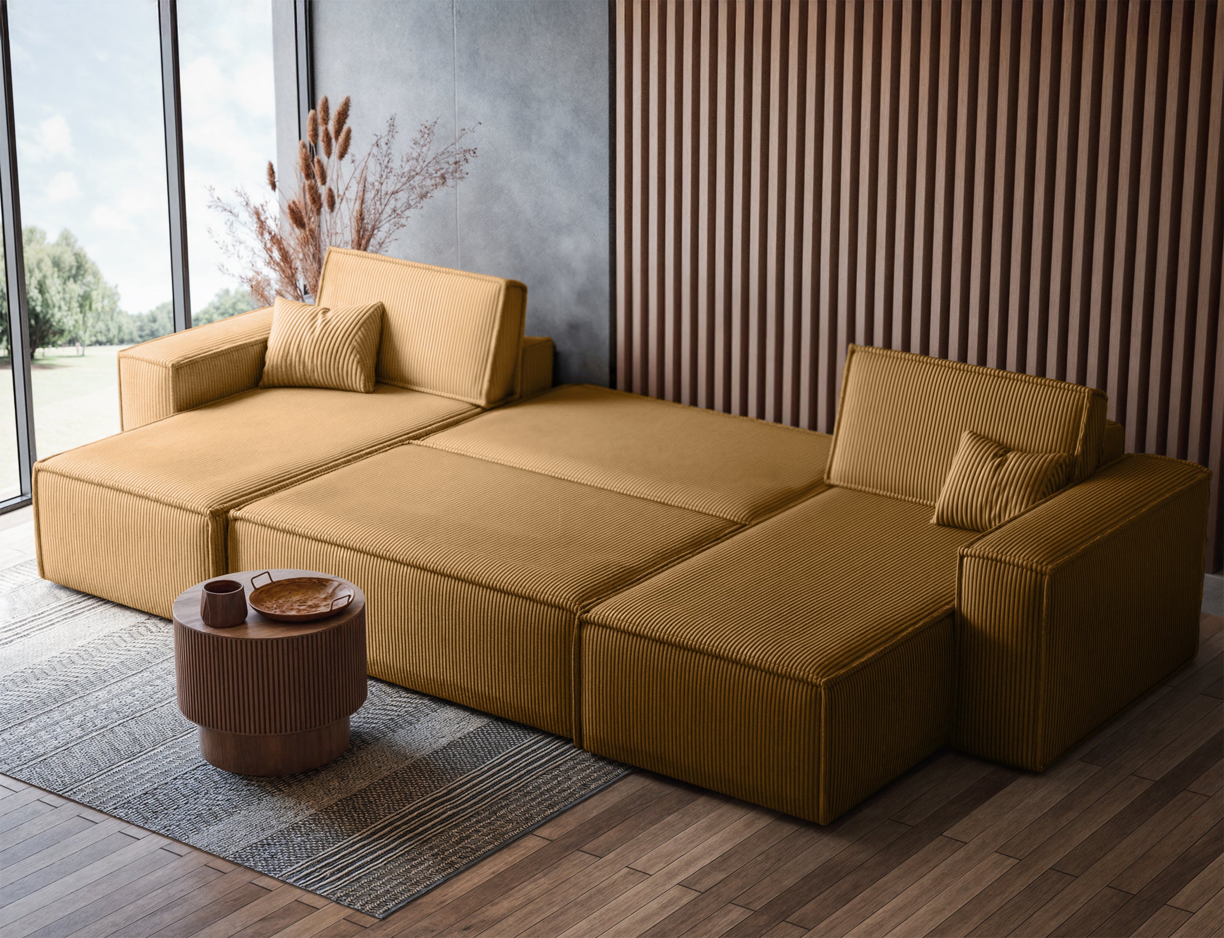 U-förmiges Ecksofa Scarlo mit Schlaffunktion und Universallager, senfgelb, Cordstoff