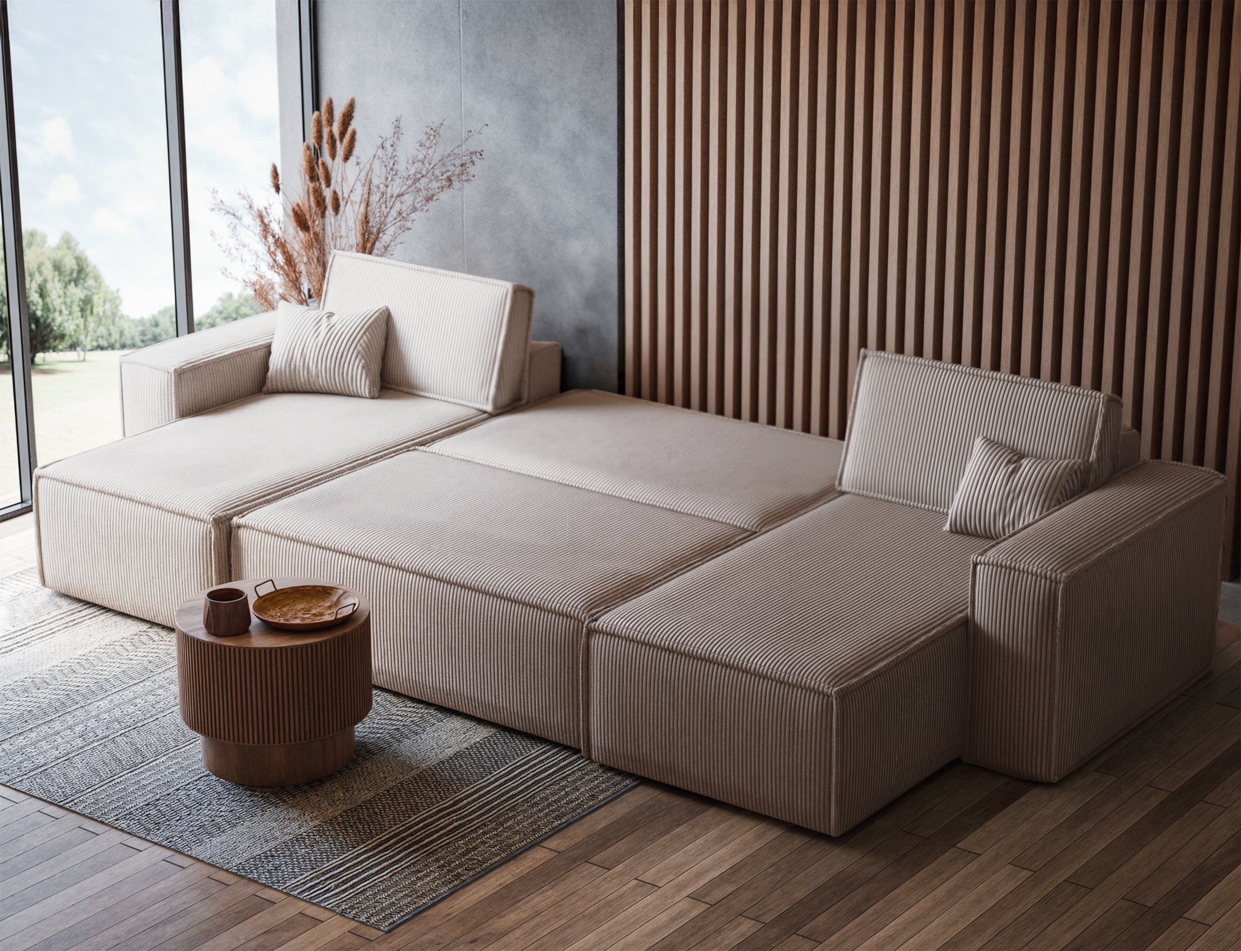 U-förmiges Ecksofa Scarlo mit Schlaffunktion, universellem Stauraum, beige Cordstoff