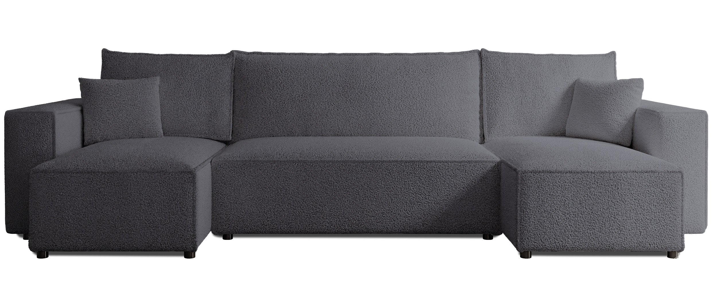 U-förmiges, universelles Ecksofa Scarlo mit Schlaf-Funktion und Stauraum, dunkelgrauer Bouclé-Stoff