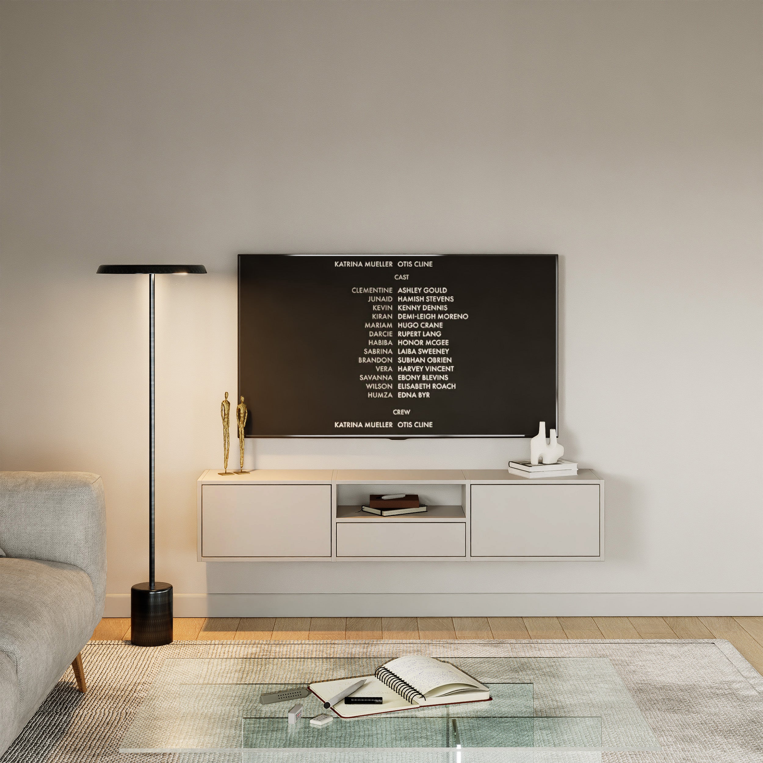 Hängender TV-Schrank Framme mit drei Klappen und Fach, 150 cm, Kaschmir