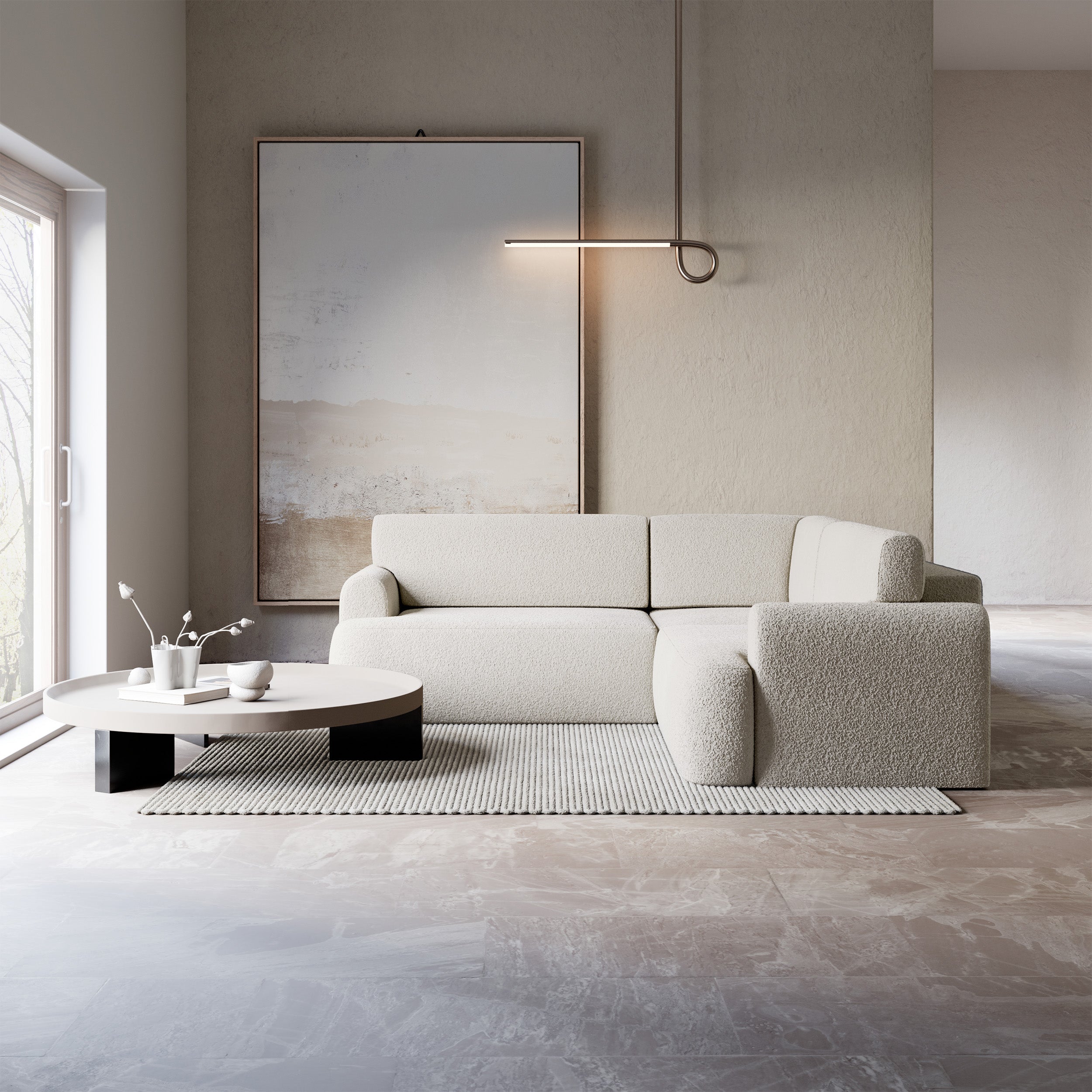 Ecksofa mit Schlaffunktion, Kaveo L-förmig, universell, hellbeige, Plüsch