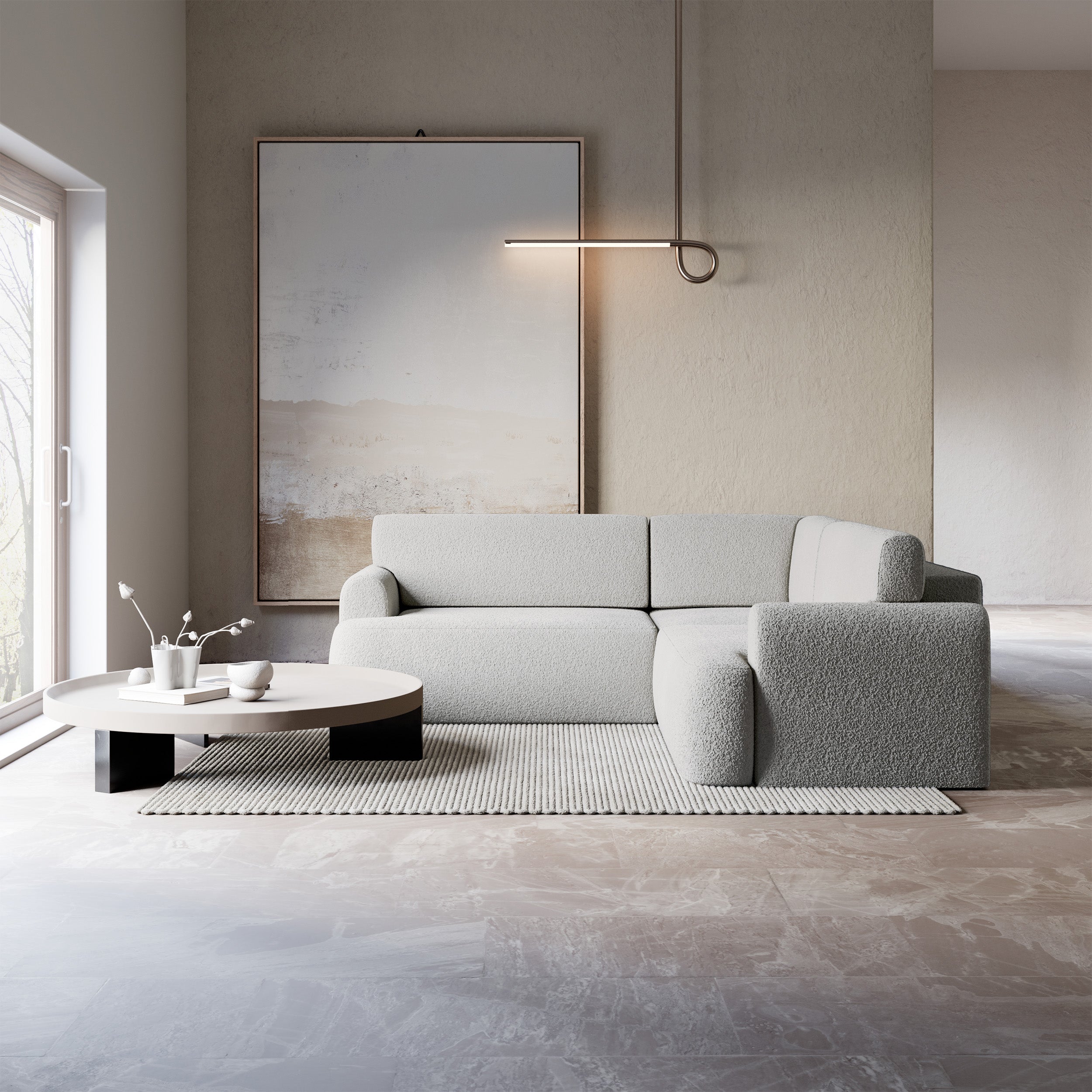Ecksofa mit Schlaffunktion, Kaveo, L-förmig, universell, grau-beige, Plüsch