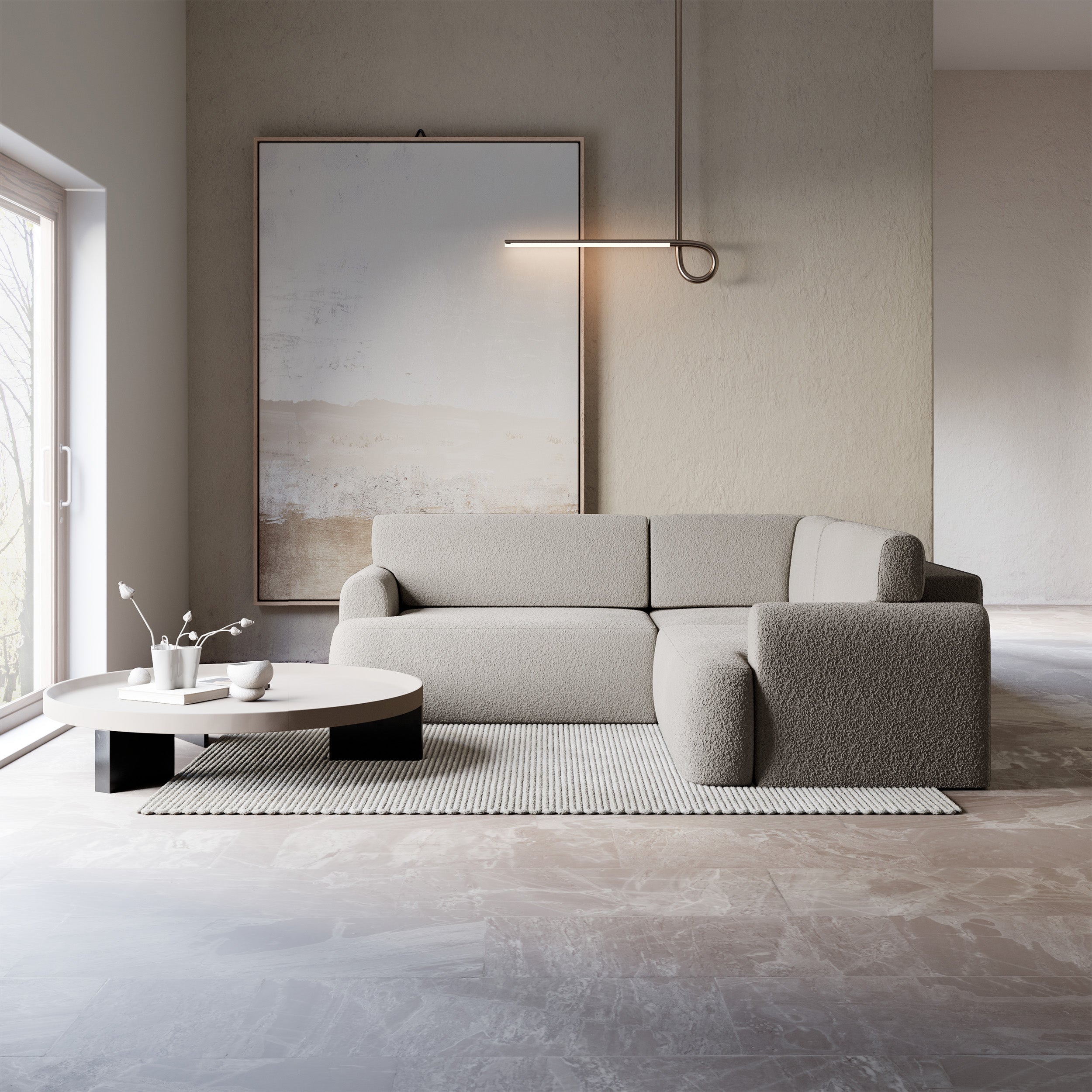 Ecksofa mit Schlaffunktion, Kaveo, L-förmig, universell, beige Plüsch