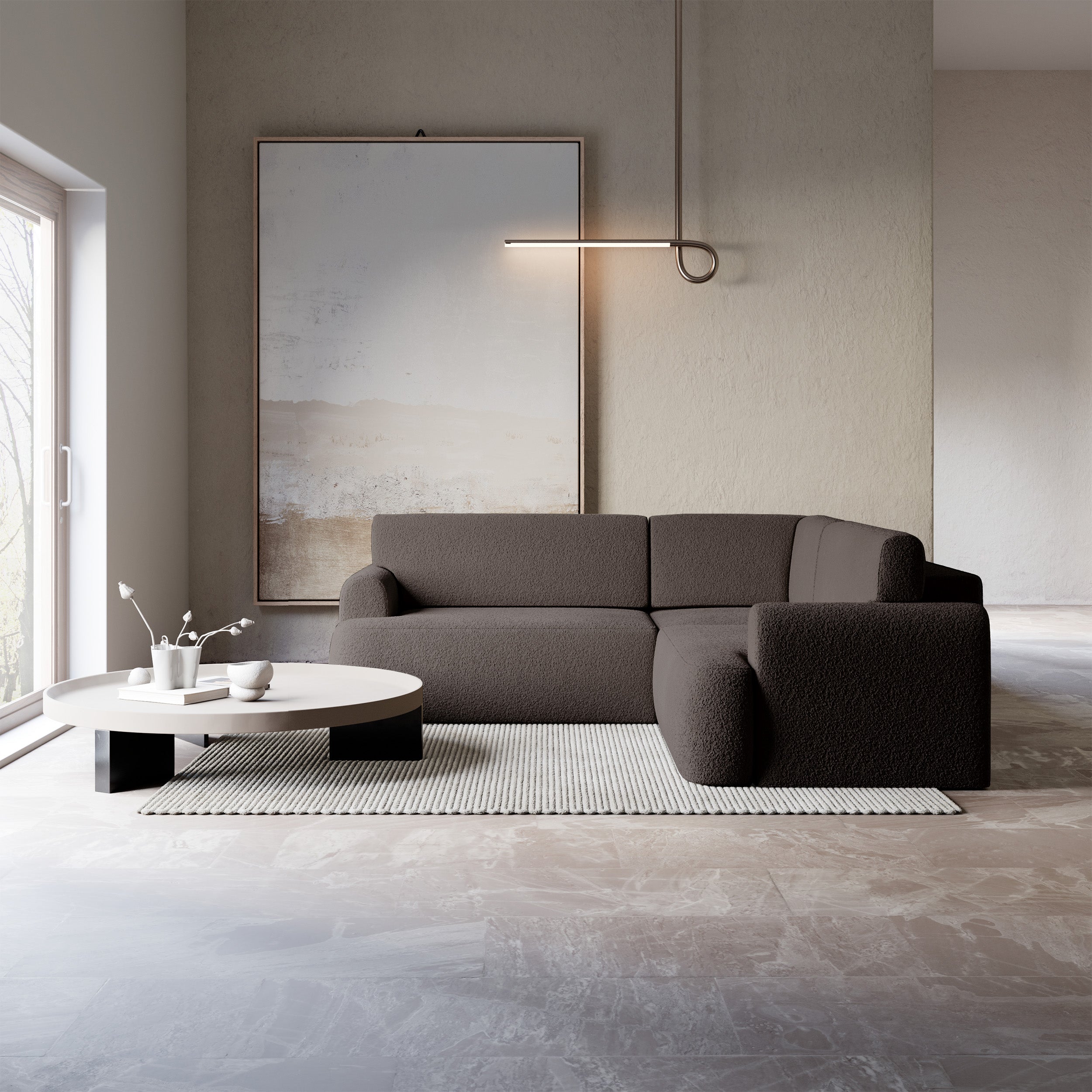 Ecksofa mit Schlaffunktion, Kaveo L-förmig, universell, brauner Plüsch