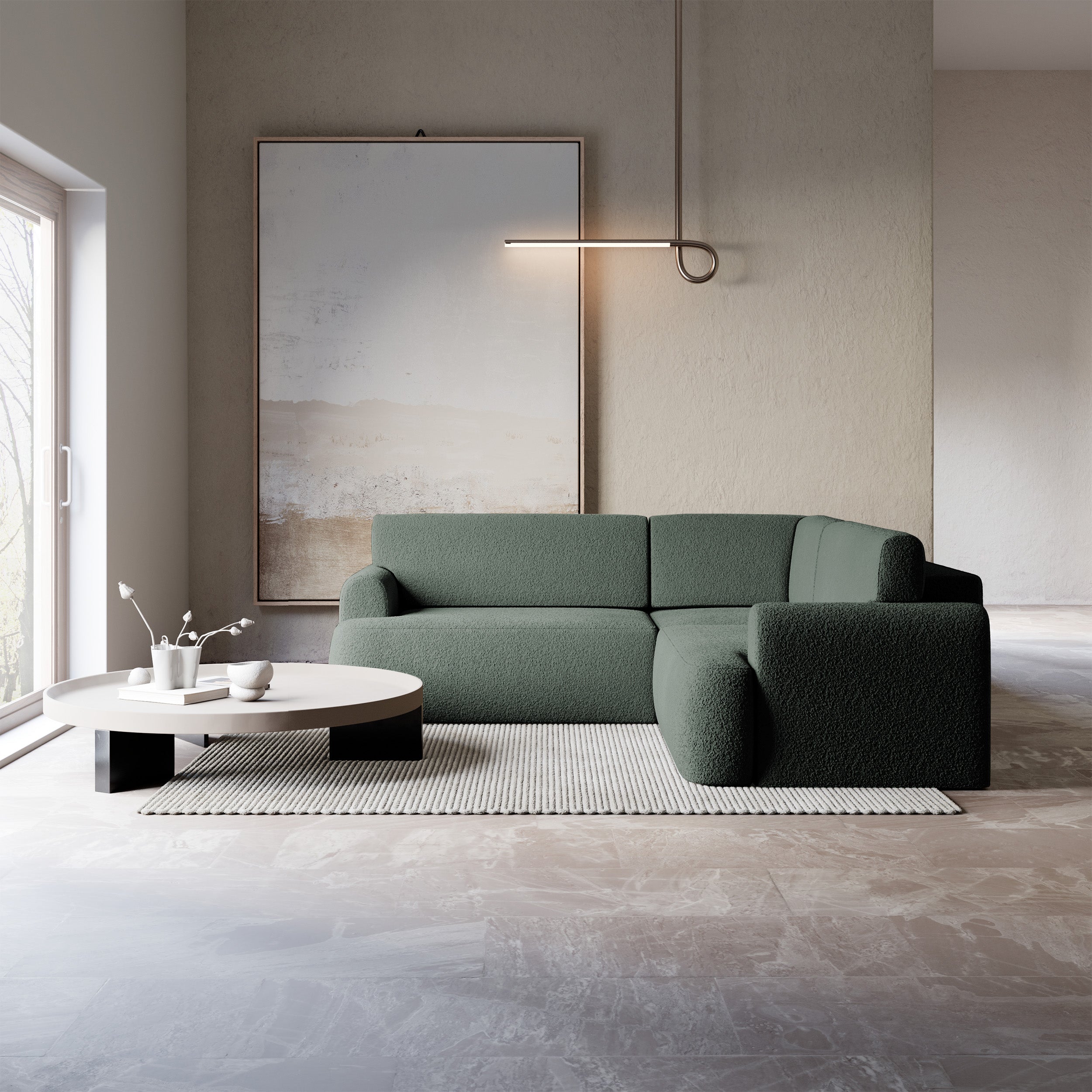 Ecksofa mit Schlaffunktion, Kaveo, L-förmig, universell, dunkelgrüner Samt