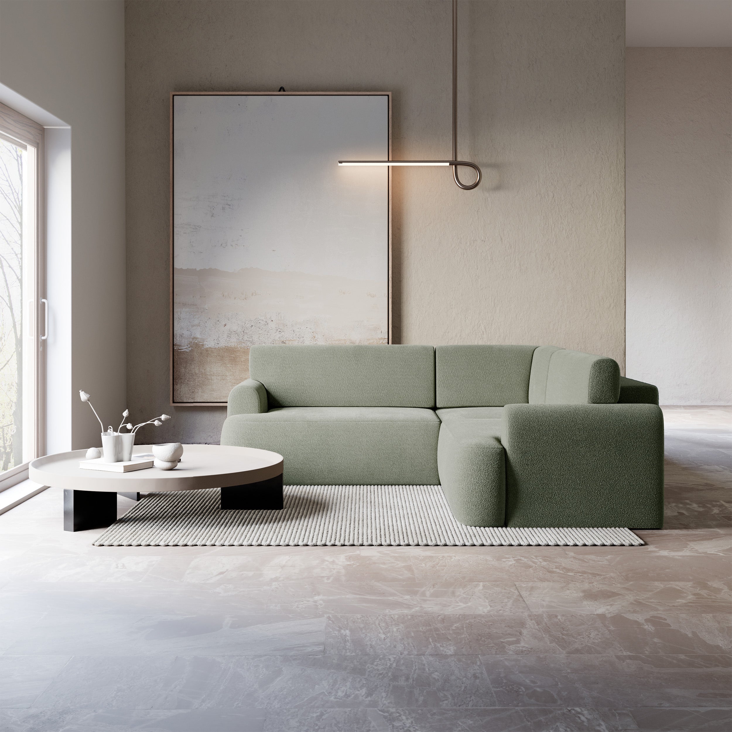 Ecksofa mit Schlaffunktion, Eckcouch Kaveo L-förmig, universell, Salbeigrün, Chenille
