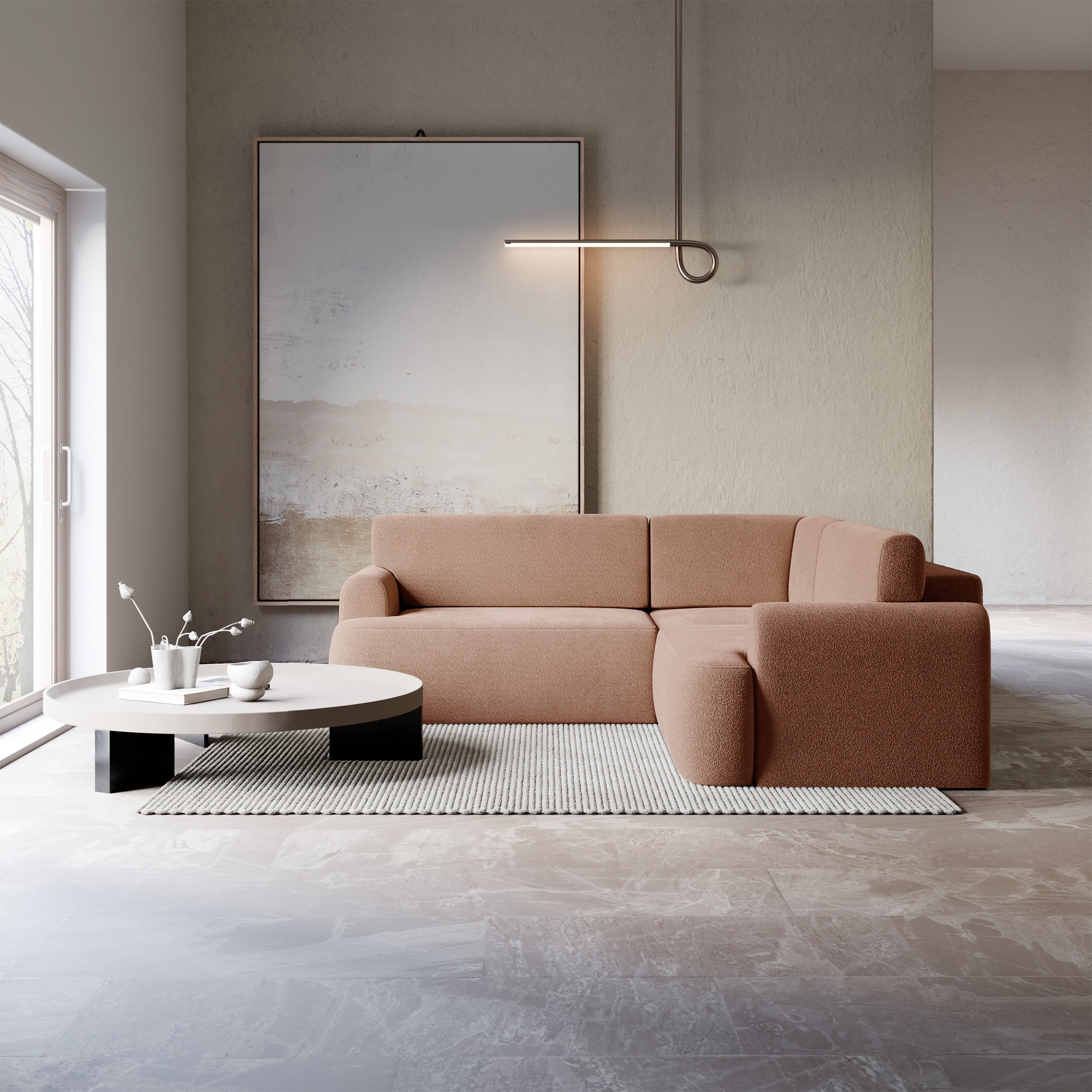 Ecksofa mit Schlaffunktion, Kaveo, L-förmig, universell, pfirsichfarbener Chenille-Stoff