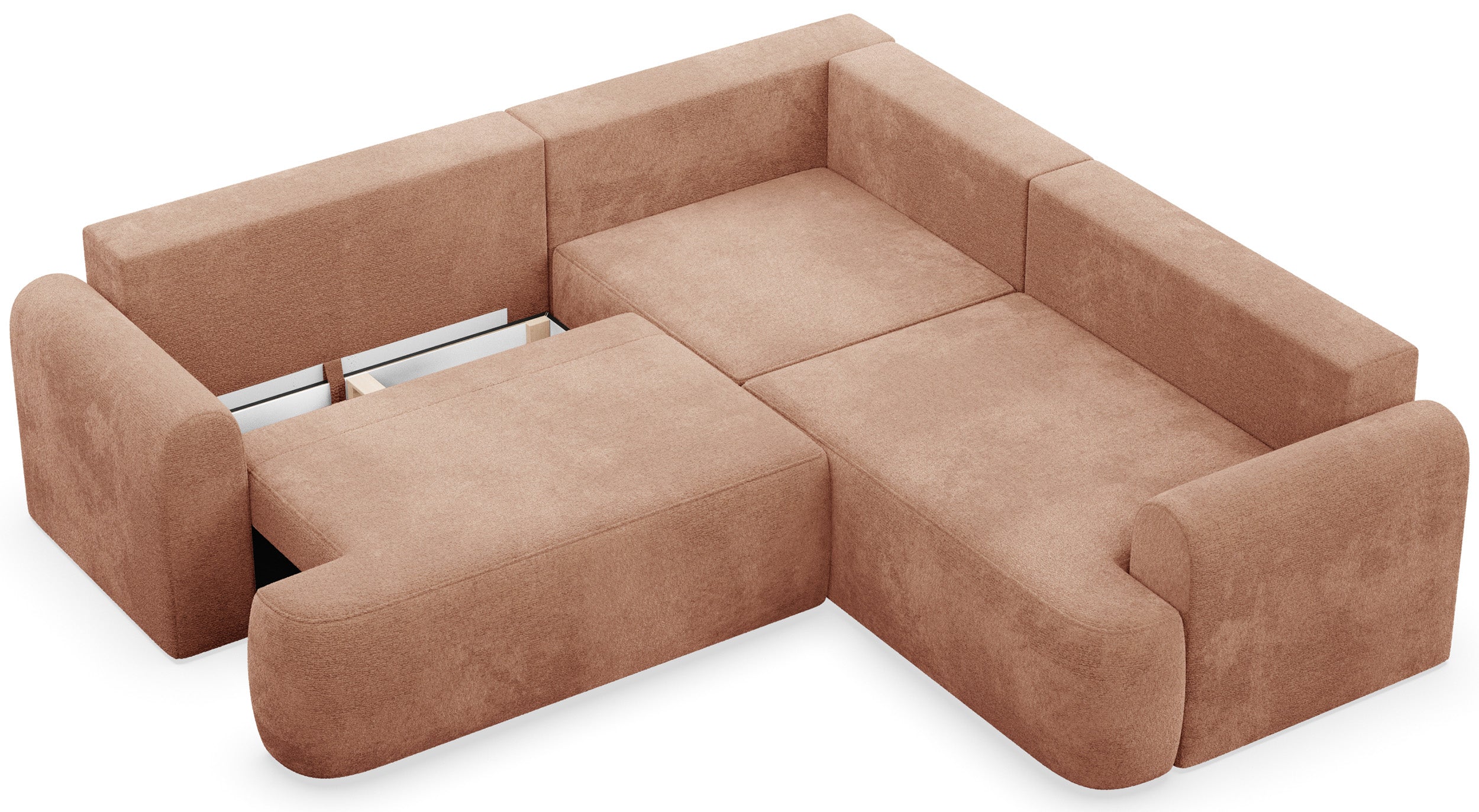 Ecksofa mit Schlaffunktion, Kaveo, L-förmig, universell, pfirsichfarbener Chenille-Stoff