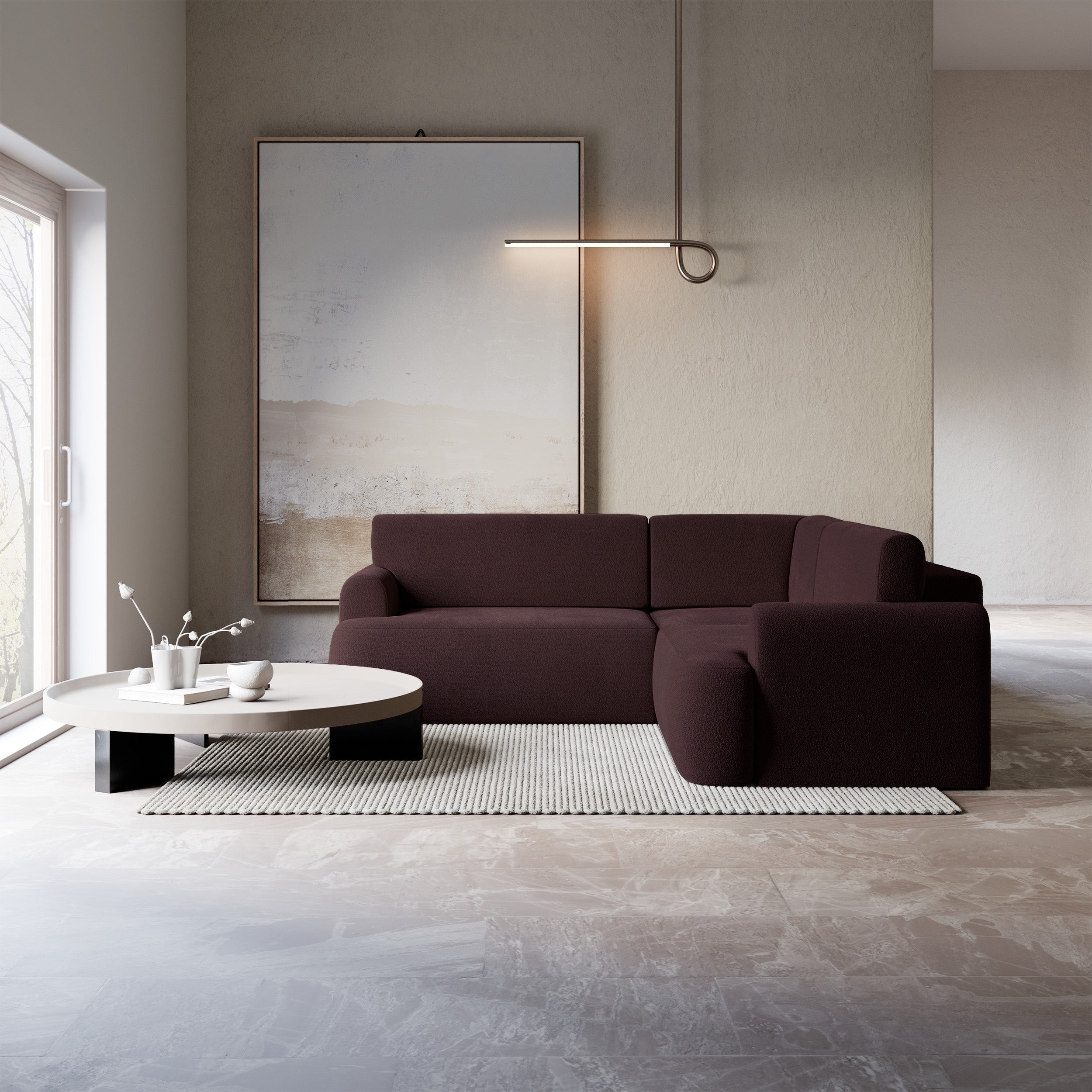 Ecksofa mit Schlaffunktion, Kaveo, L-förmig, universell, pflaumenfarbener Chenille-Stoff