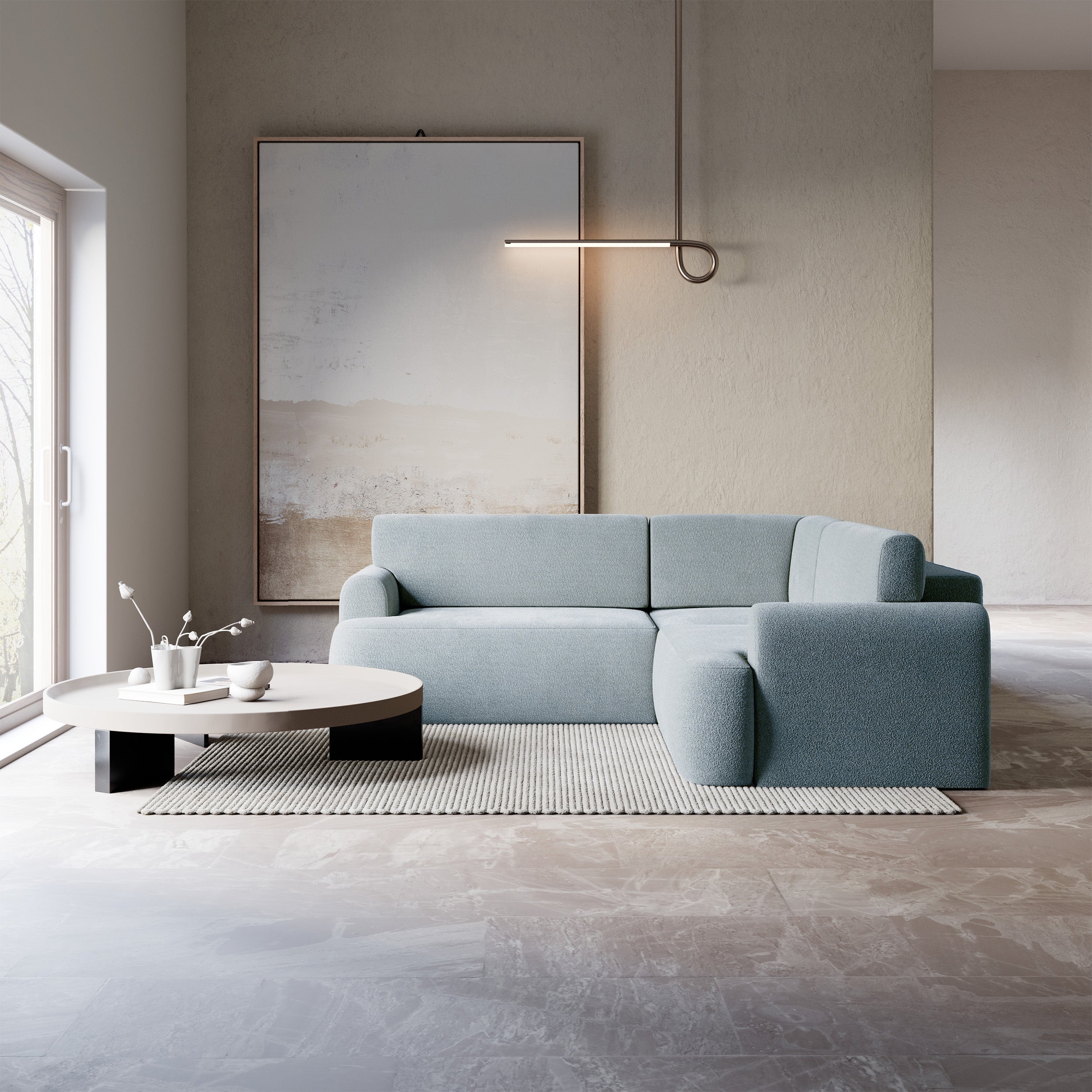 Ecksofa mit Schlaffunktion, L-förmig, universell, hellblauer Chenille-Stoff Kaveo