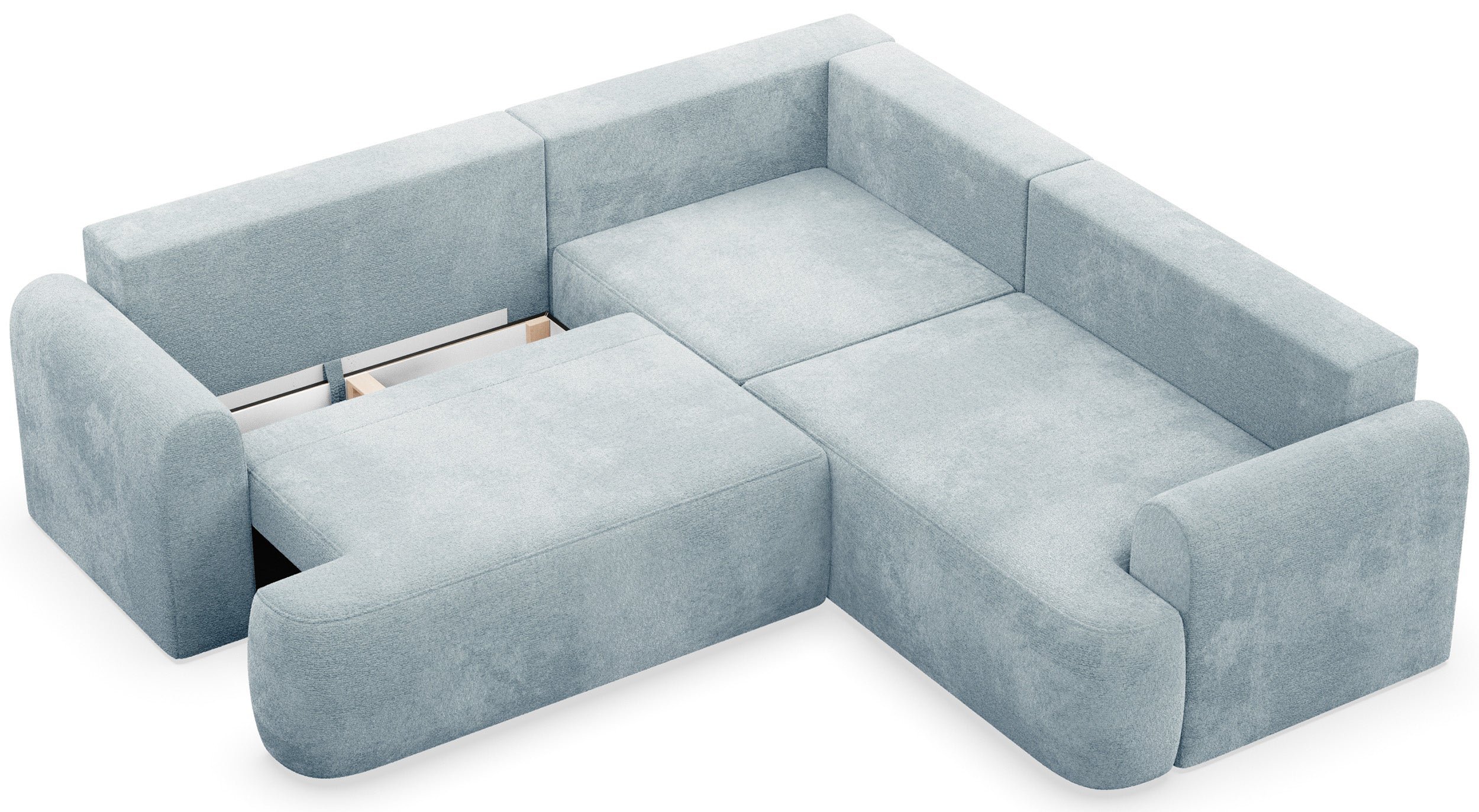 Ecksofa mit Schlaffunktion, L-förmig, universell, hellblauer Chenille-Stoff Kaveo