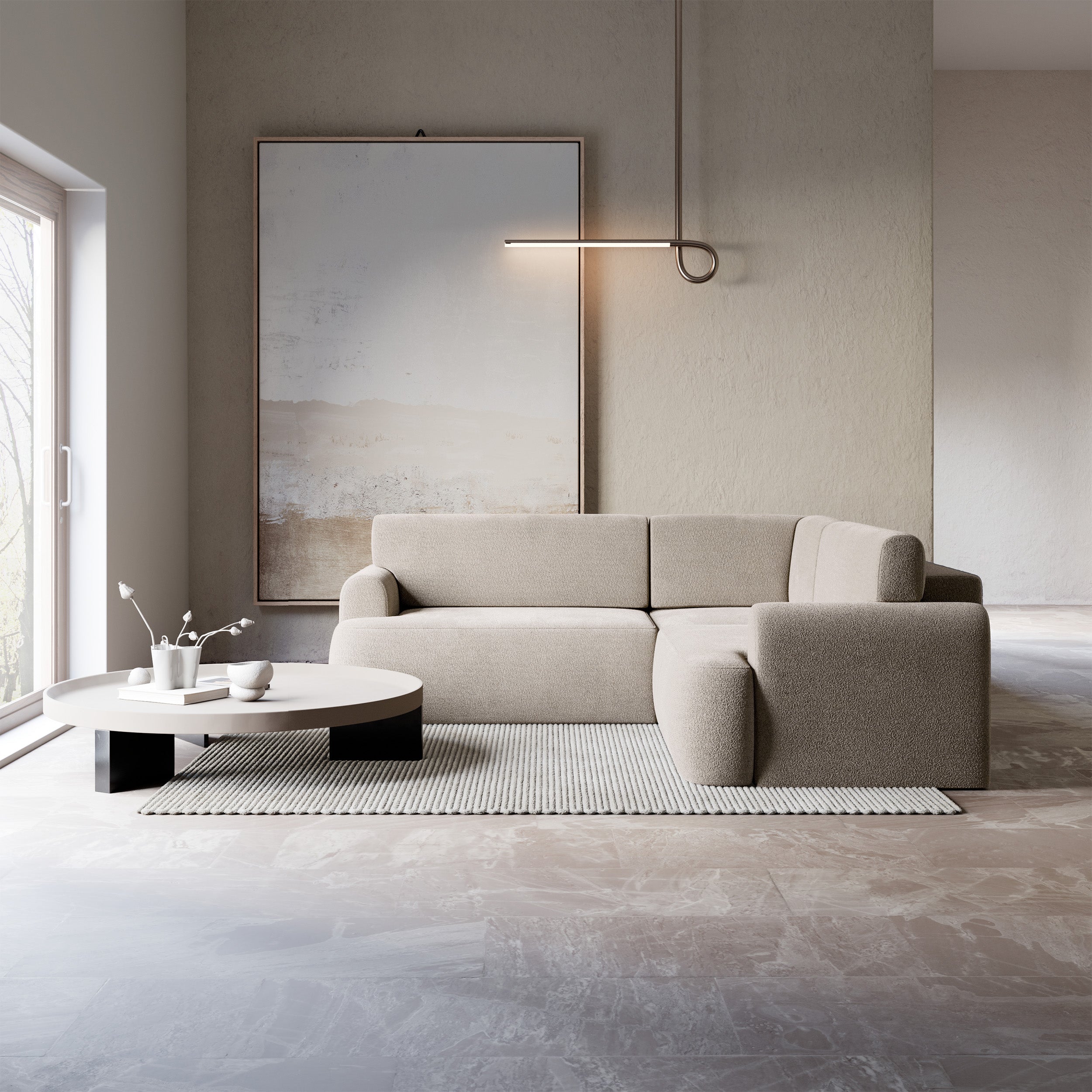 Ecksofa mit Schlaffunktion, Kaveo, L-förmig, universell, grau-beige Chenille