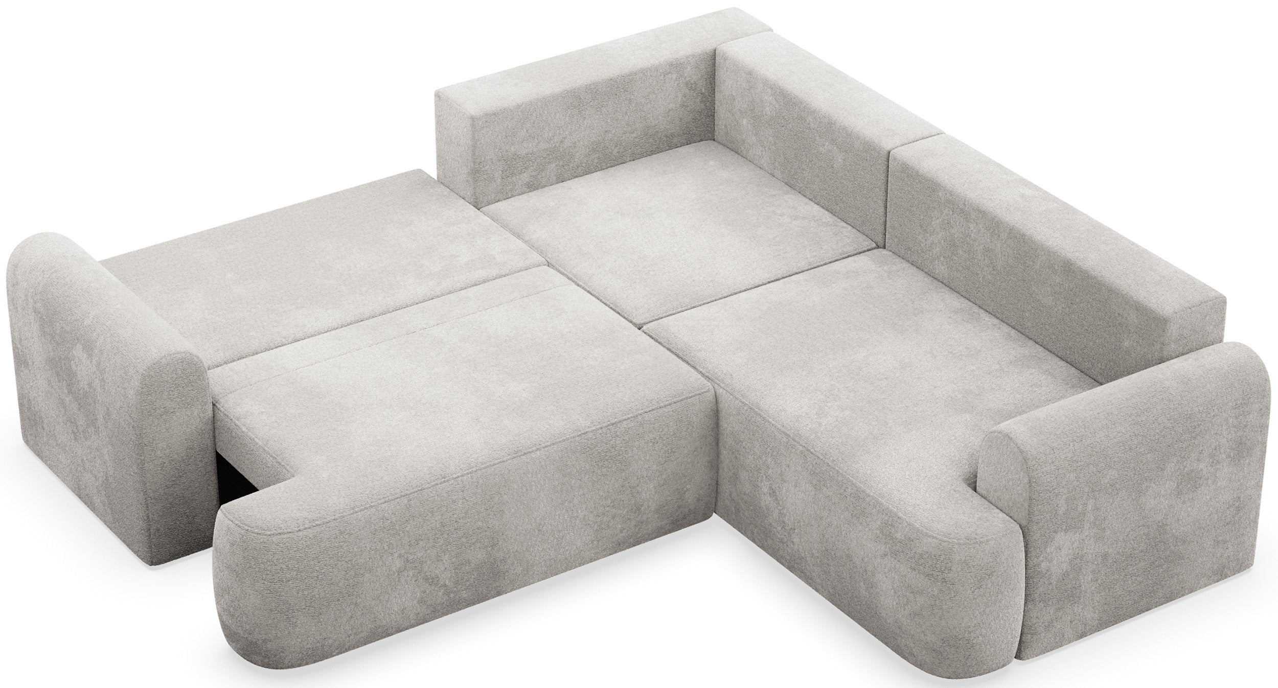 Ecksofa mit Schlaffunktion, Kaveo, L-förmig, universell, hellgrauer Chenille-Stoff