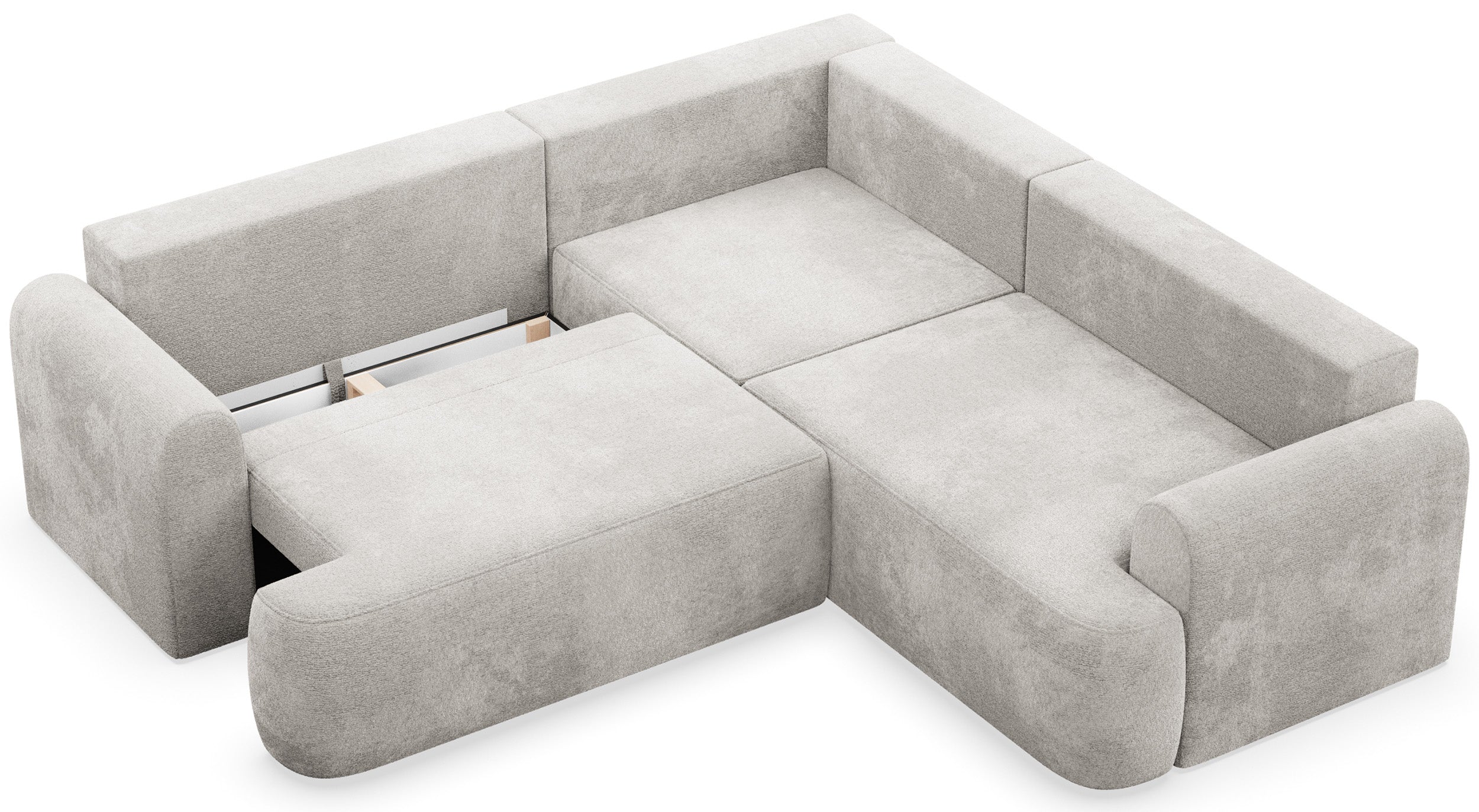 Ecksofa mit Schlaffunktion, Kaveo, L-förmig, universell, hellgrauer Chenille-Stoff