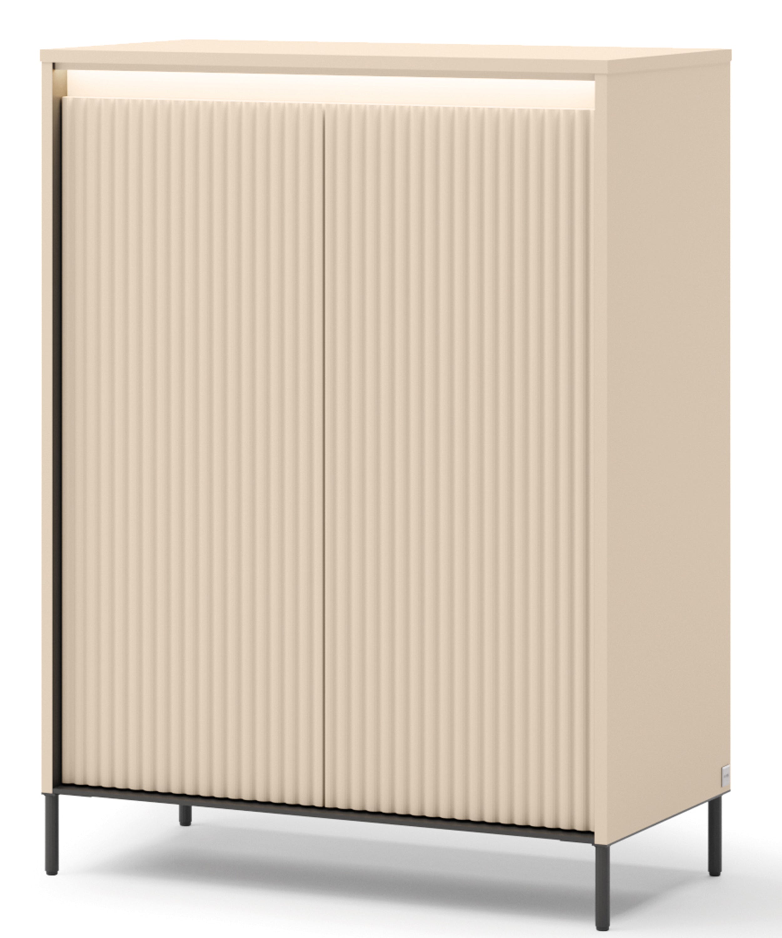 Hohe Kommode Trend mit zwei Türen, 78 cm, geriffelte Fronten, Sandbeige / Schwarz, mit Beleuchtung