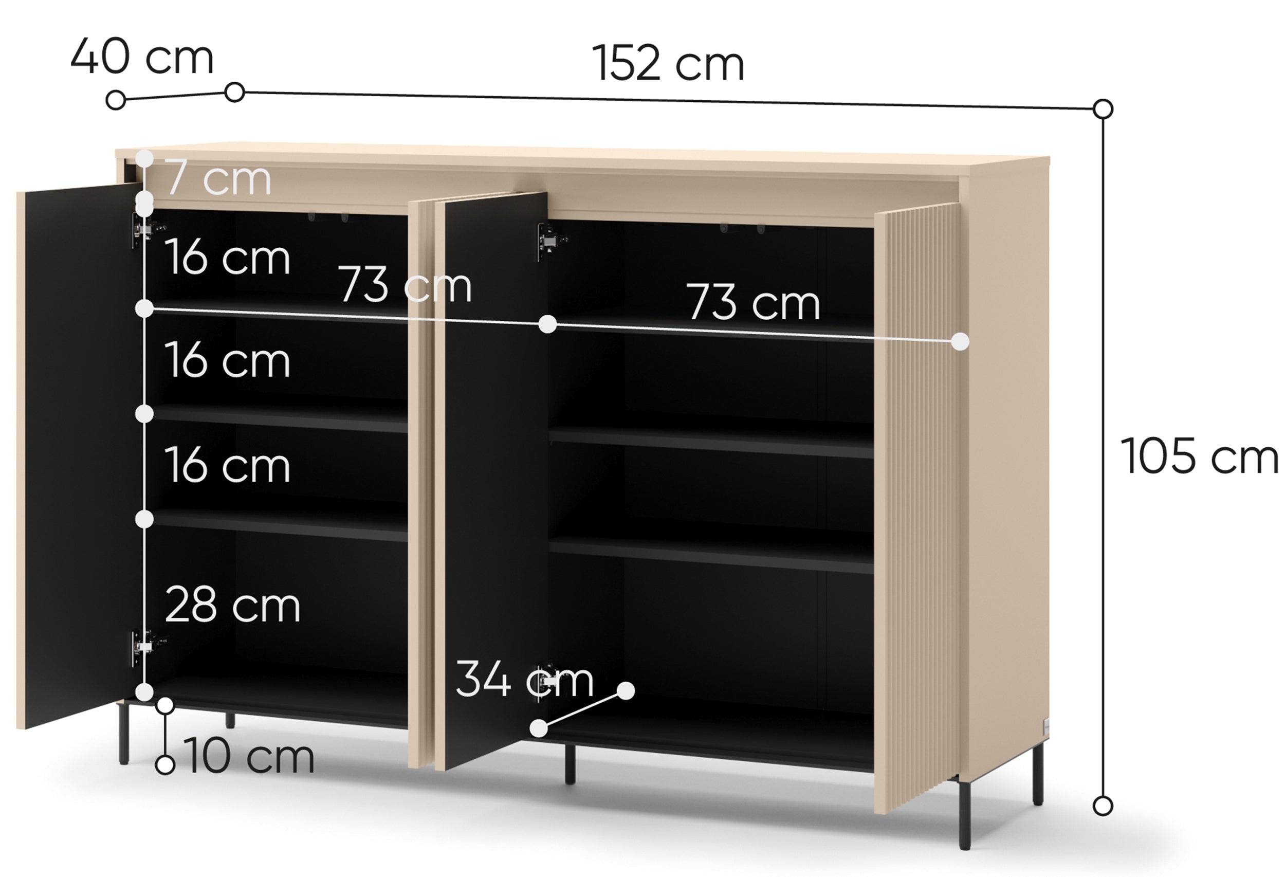 Hohe Kommode Trend mit vier Türen und Beleuchtung, 153 cm, gerillte Fronten, sandbeige / schwarz