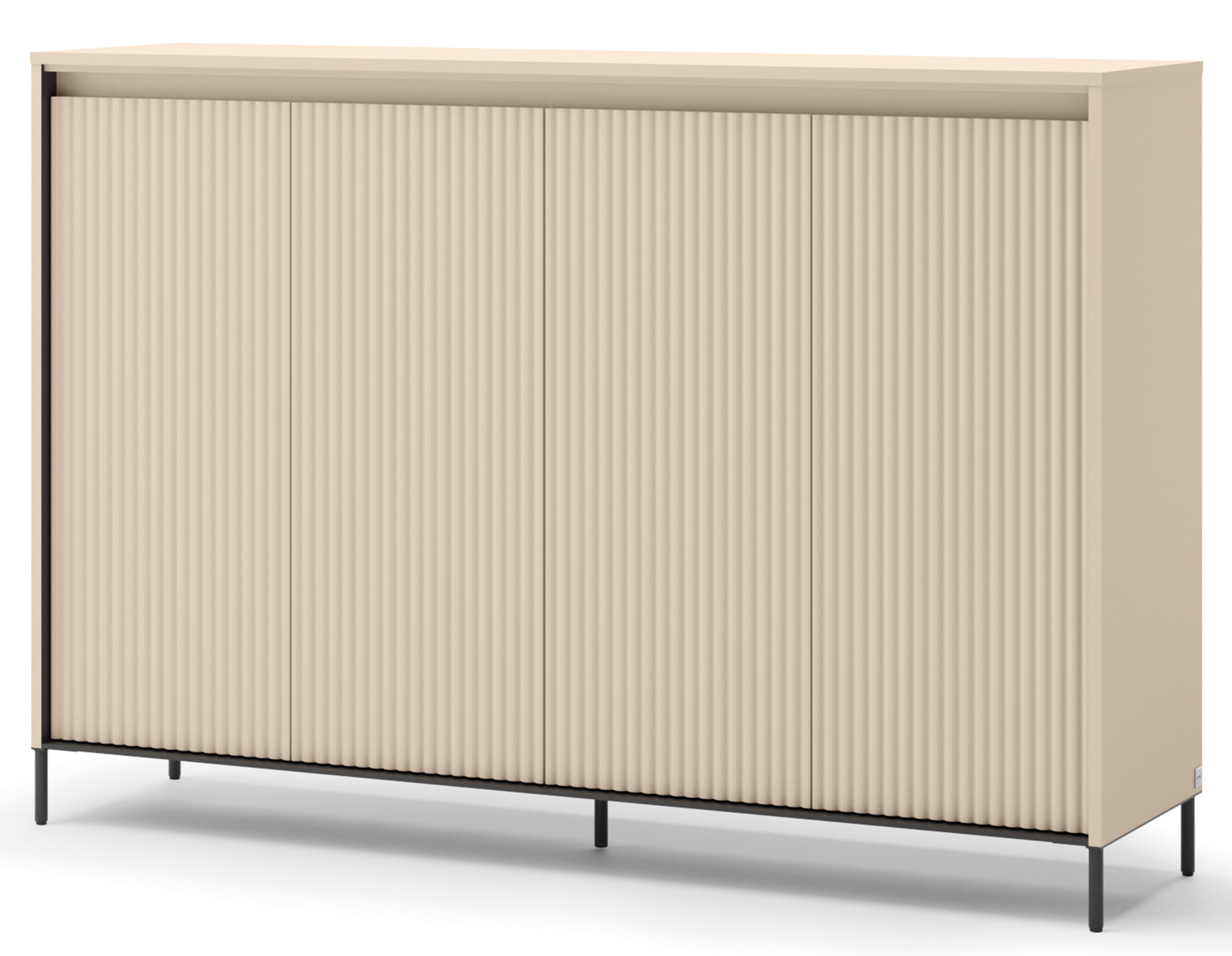 Hohe Kommode Trend mit vier Türen und Beleuchtung, 153 cm, gerillte Fronten, sandbeige / schwarz