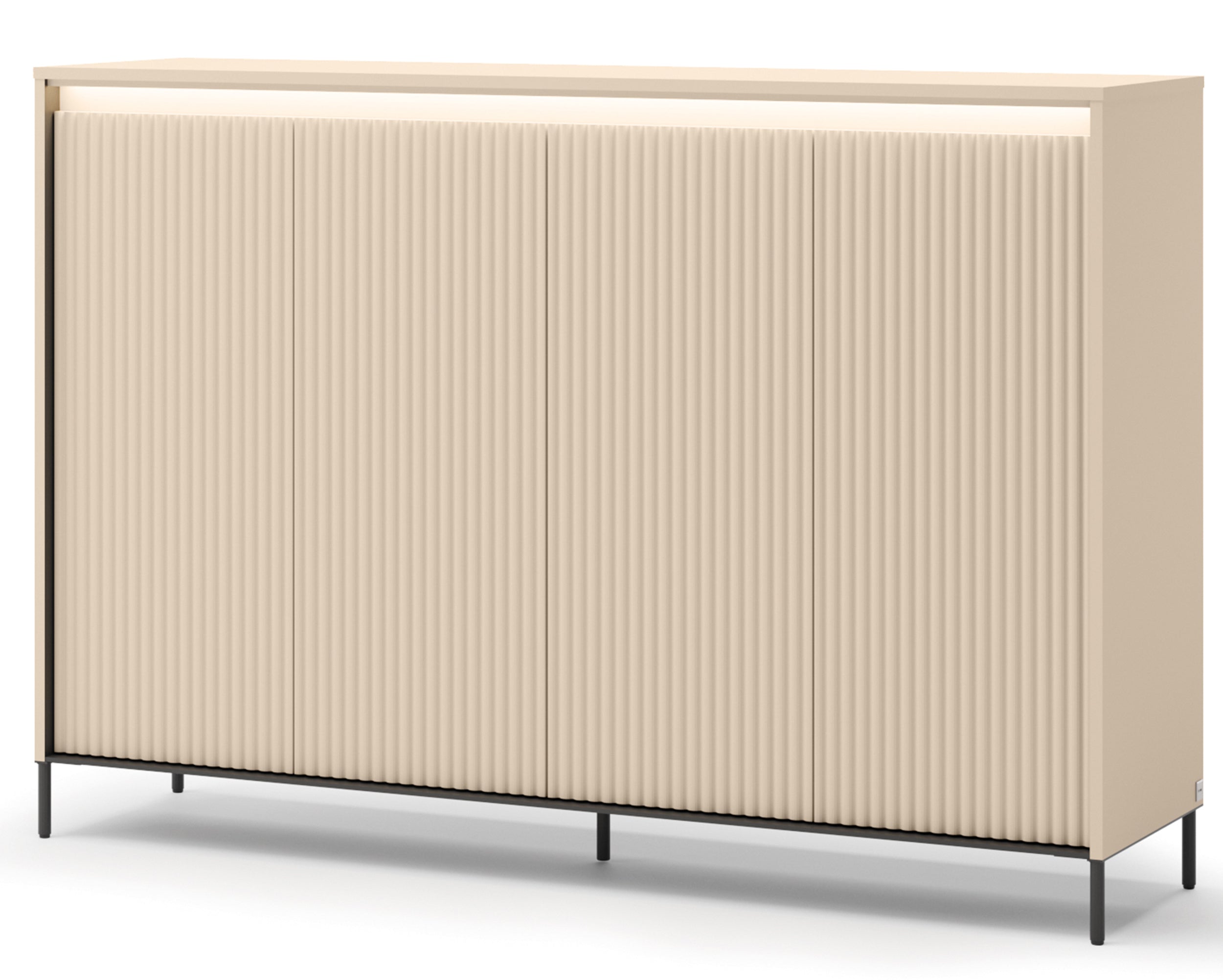 Hohe Kommode Trend mit vier Türen und Beleuchtung, 153 cm, gerillte Fronten, sandbeige / schwarz