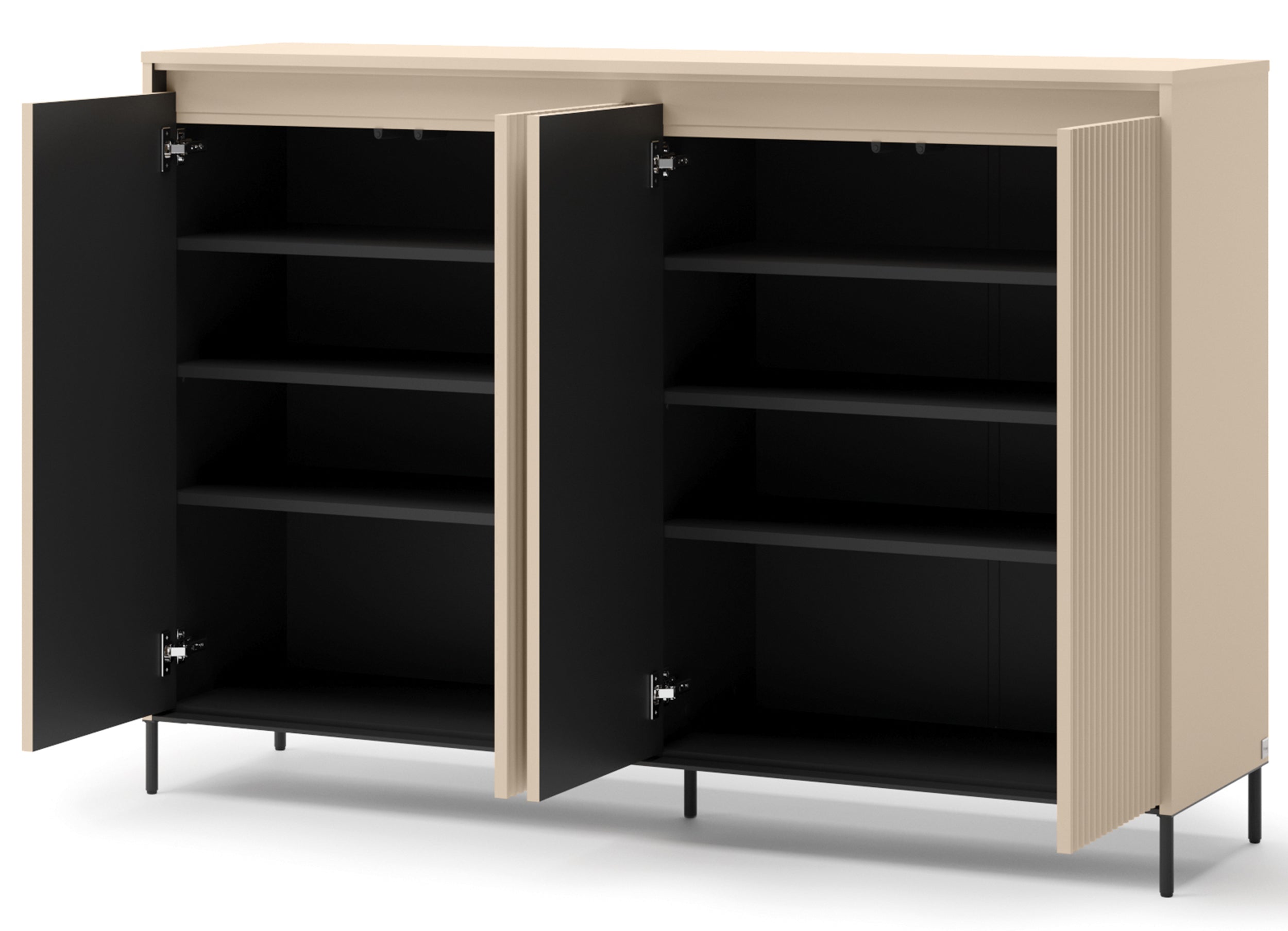Hohe Kommode Trend mit vier Türen und Beleuchtung, 153 cm, gerillte Fronten, sandbeige / schwarz