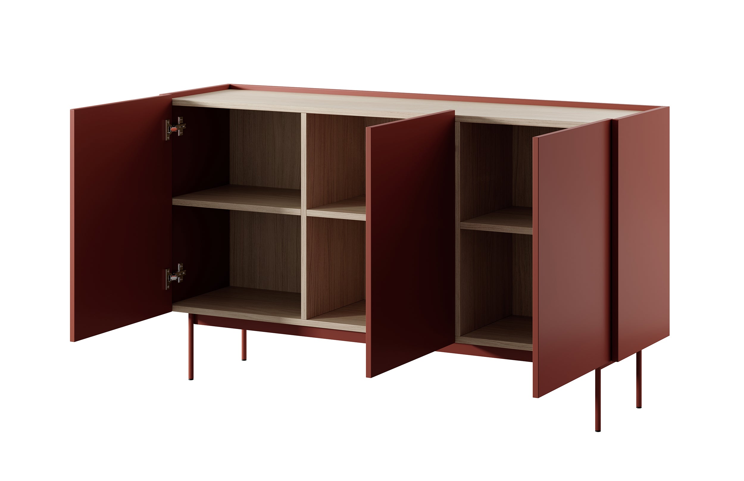 Drehtür-Kommode Color 144 cm Ziegelrot / Eiche Linea