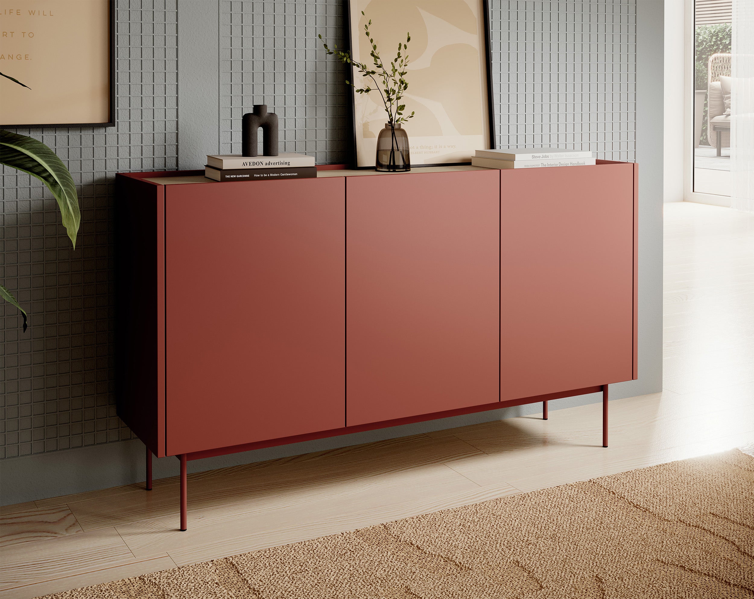 Drehtür-Kommode Color 144 cm Ziegelrot / Eiche Linea