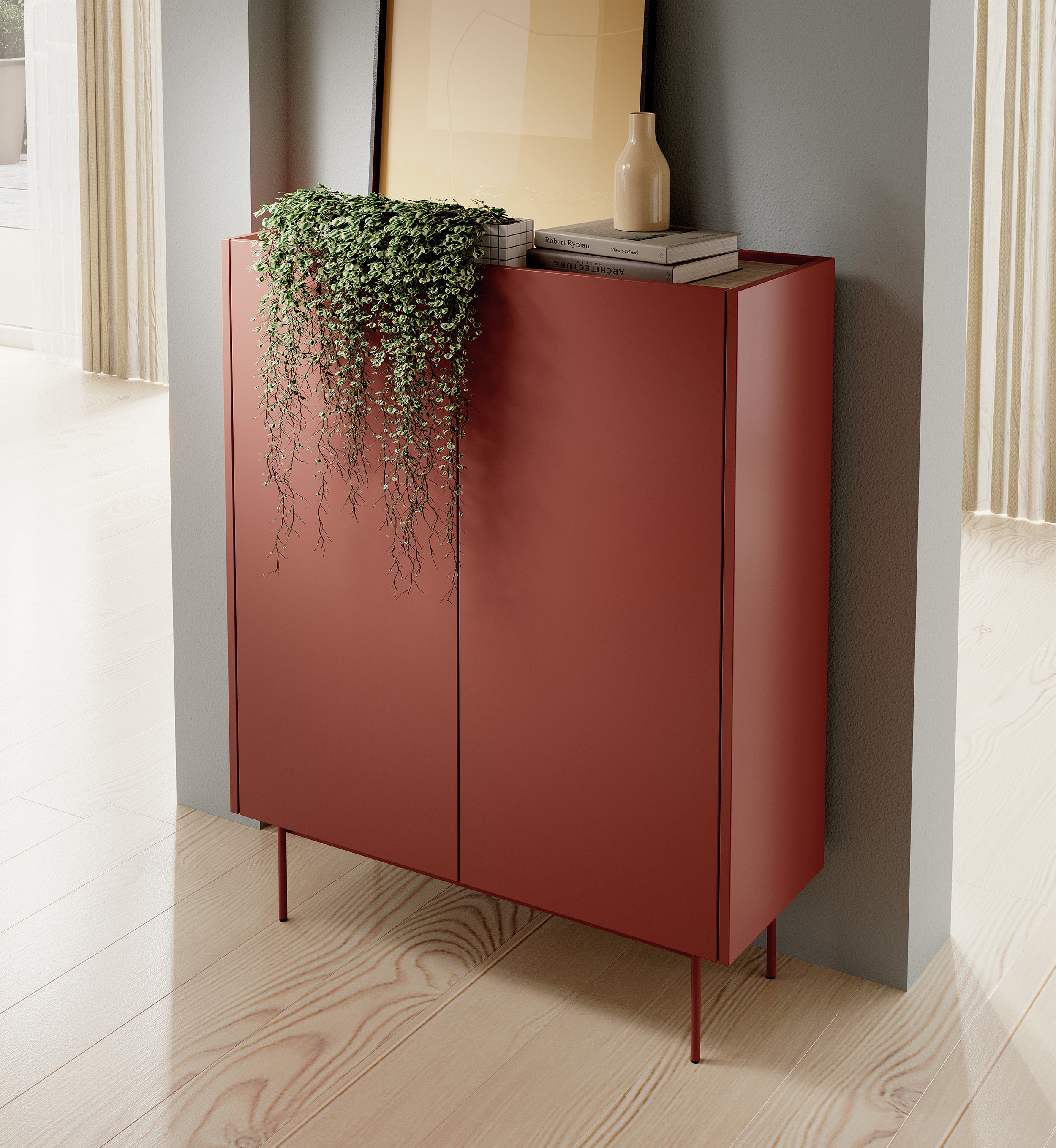 Hohe Kommode Color 97 cm, zweitürig, Ziegelrot / Eiche Linea