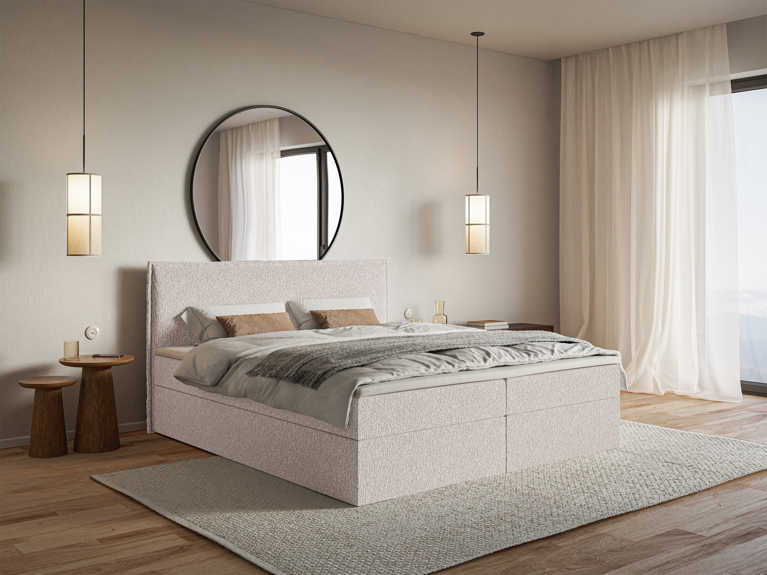 Kontinentales Bett 180x200 cm Softie mit Stauraum und Topper, beige Chenille