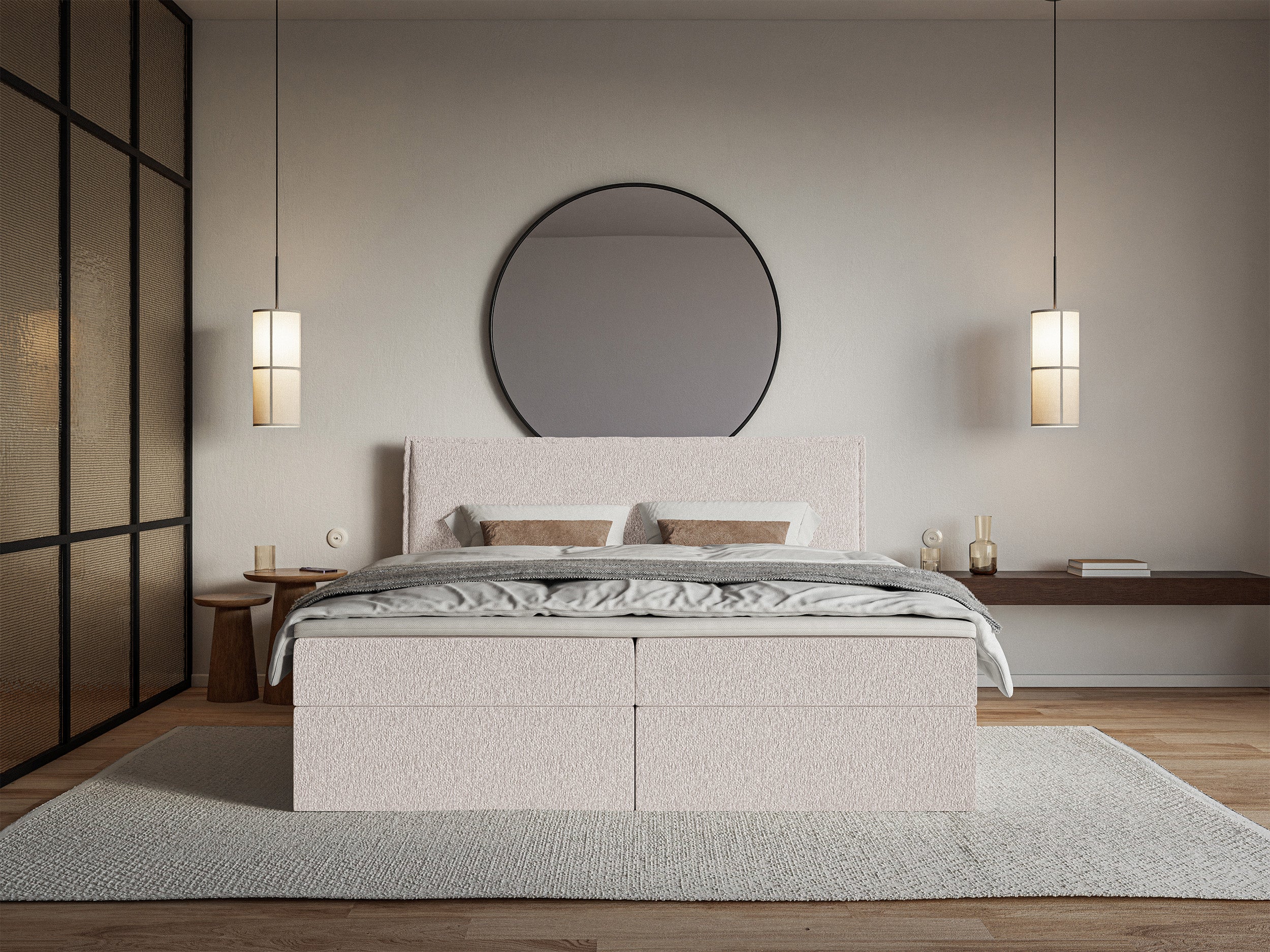 Kontinentales Bett 180x200 cm Softie mit Stauraum und Topper, beige Chenille