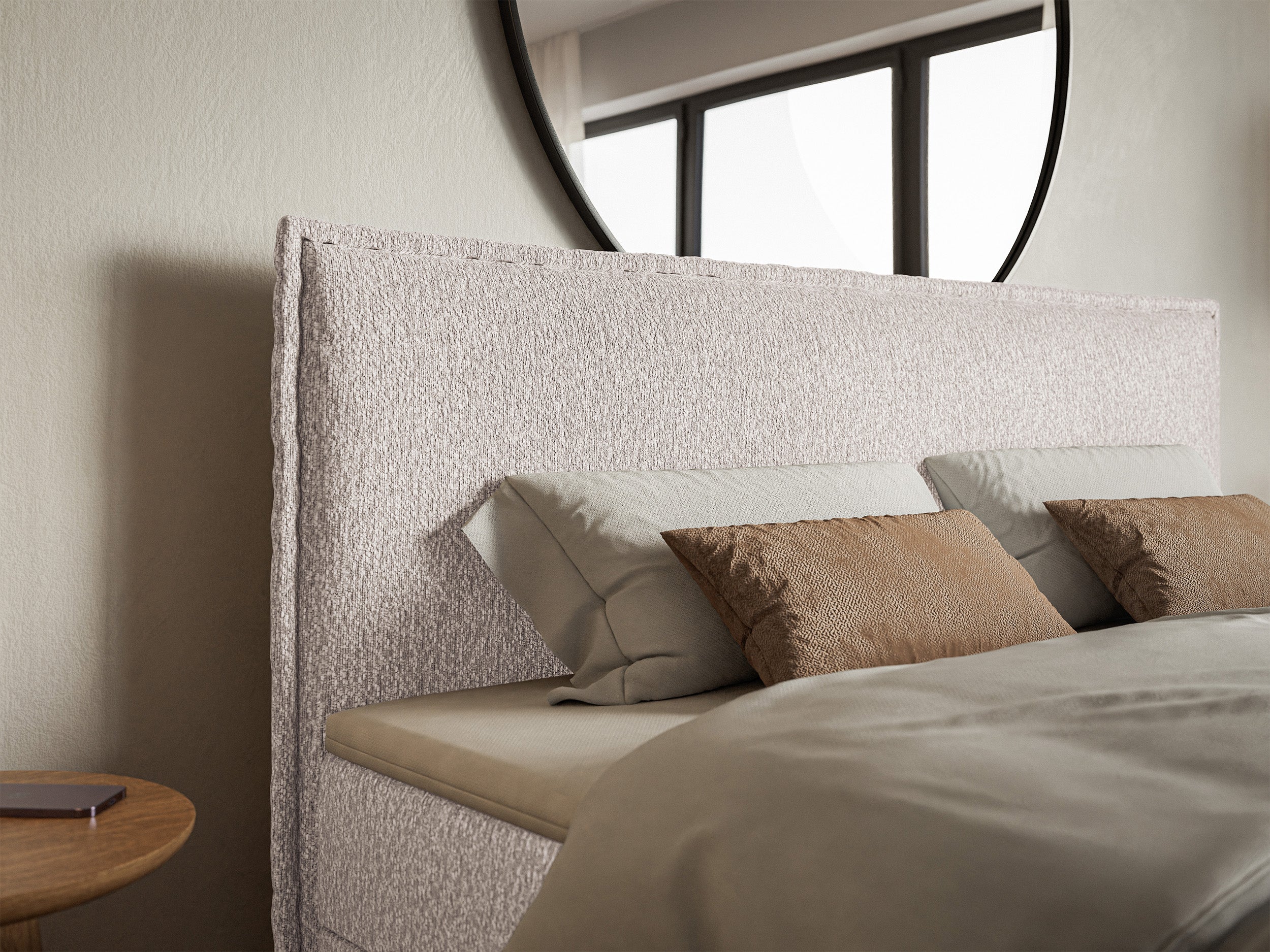 Kontinentales Bett 180x200 cm Softie mit Stauraum und Topper, beige Chenille