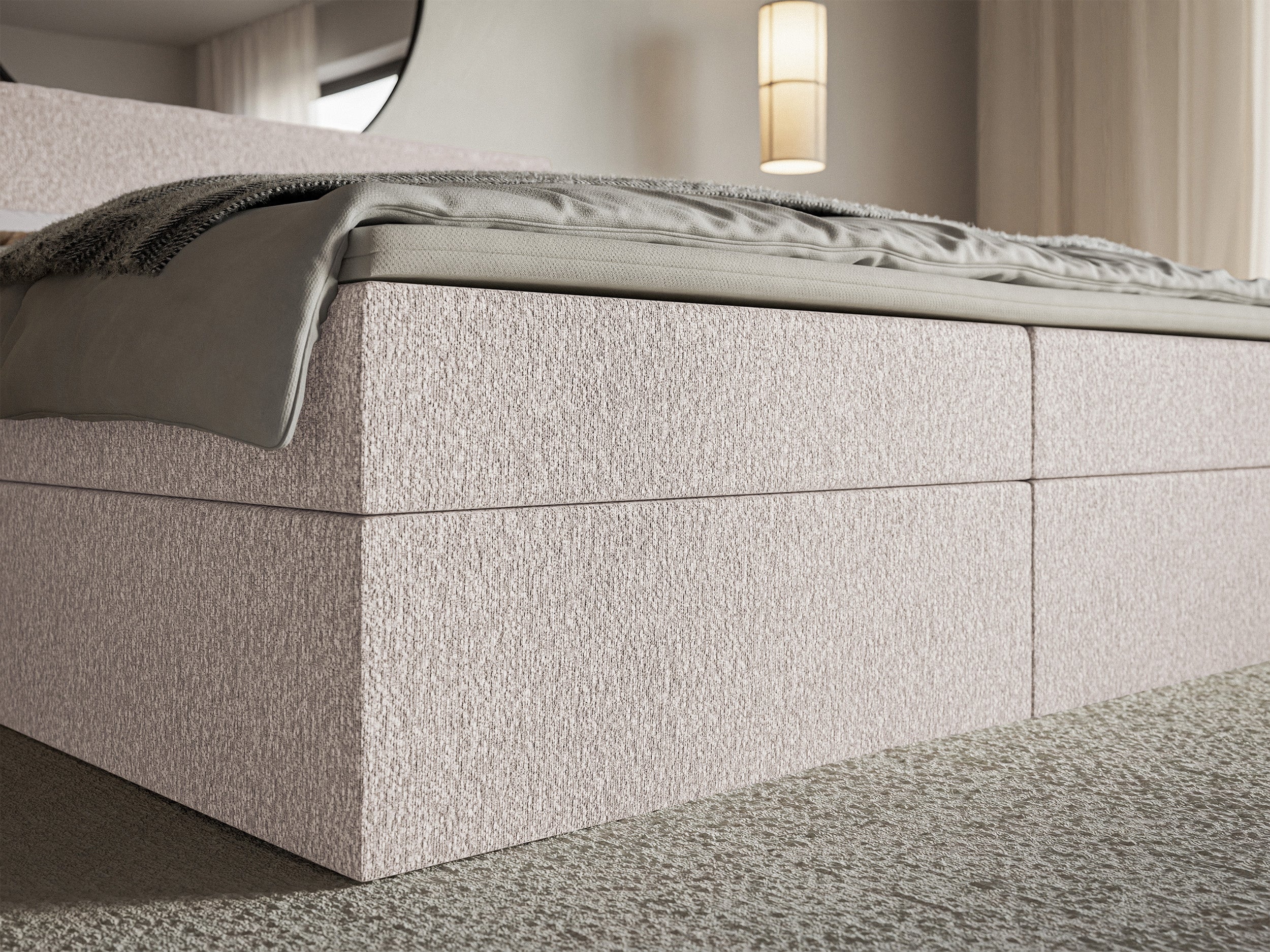Kontinentales Bett 180x200 cm Softie mit Stauraum und Topper, beige Chenille