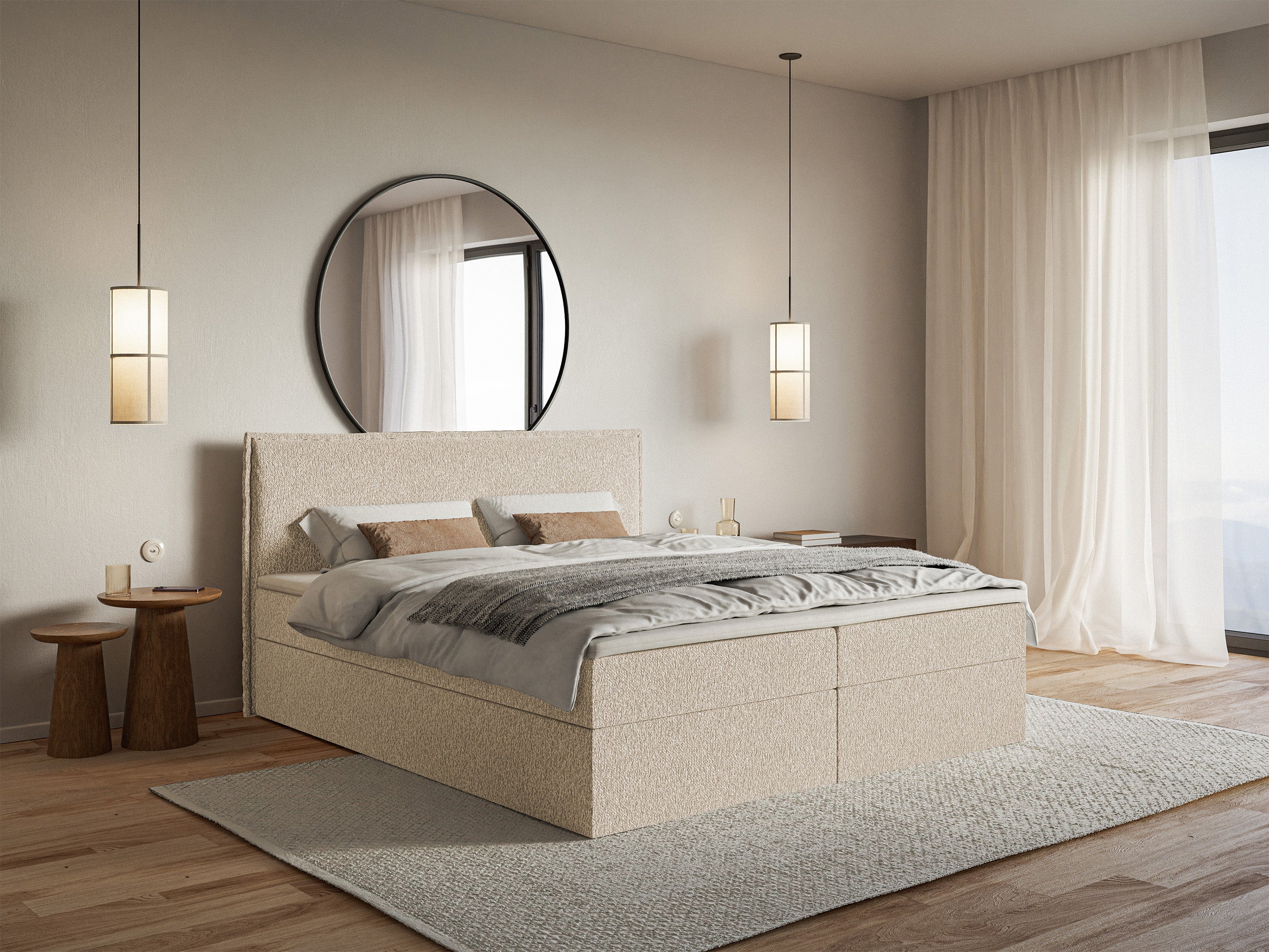Kontinentales Bett 180x200 cm Softie mit Stauraum und Topper, hellbeige Chenille