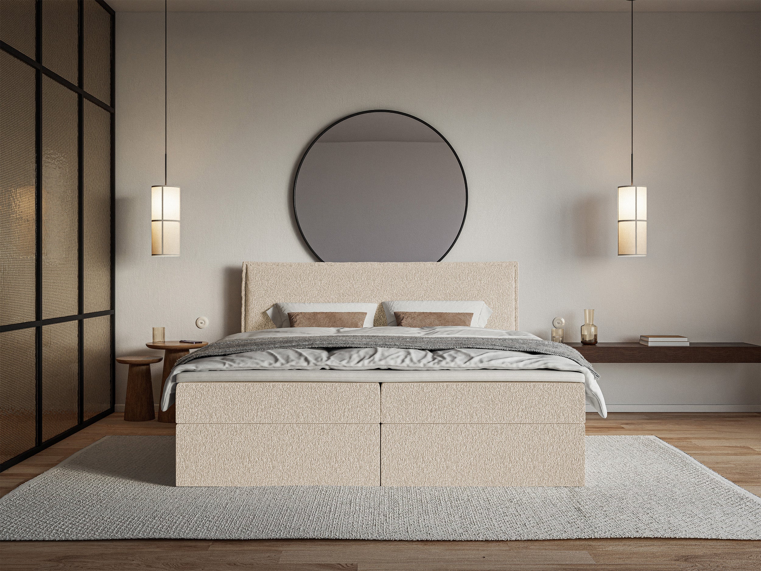 Kontinentalbett 140x200 cm Softie mit Stauraum und Topper, hellbeiger Chenille