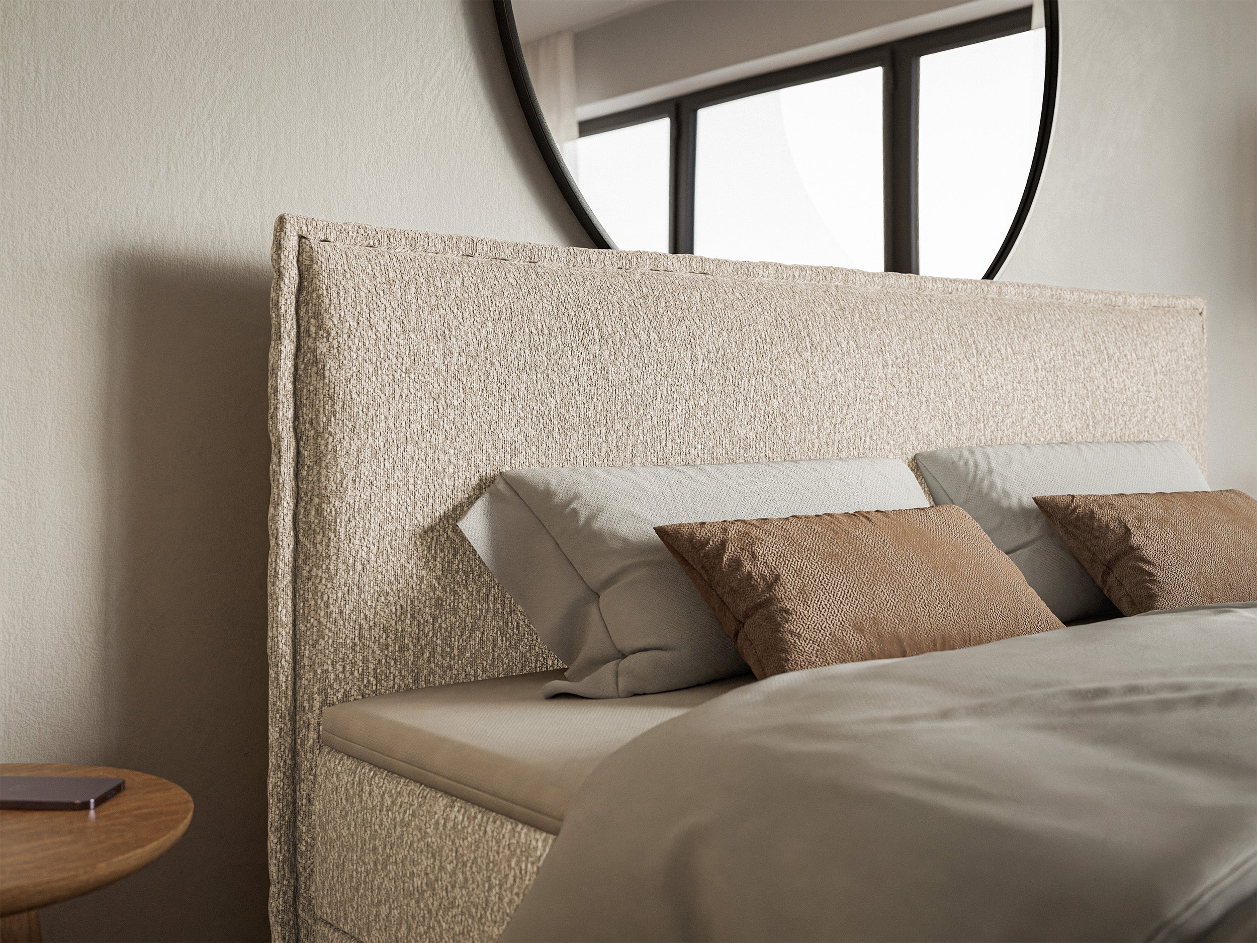 Kontinentalbett 140x200 cm Softie mit Stauraum und Topper, hellbeiger Chenille