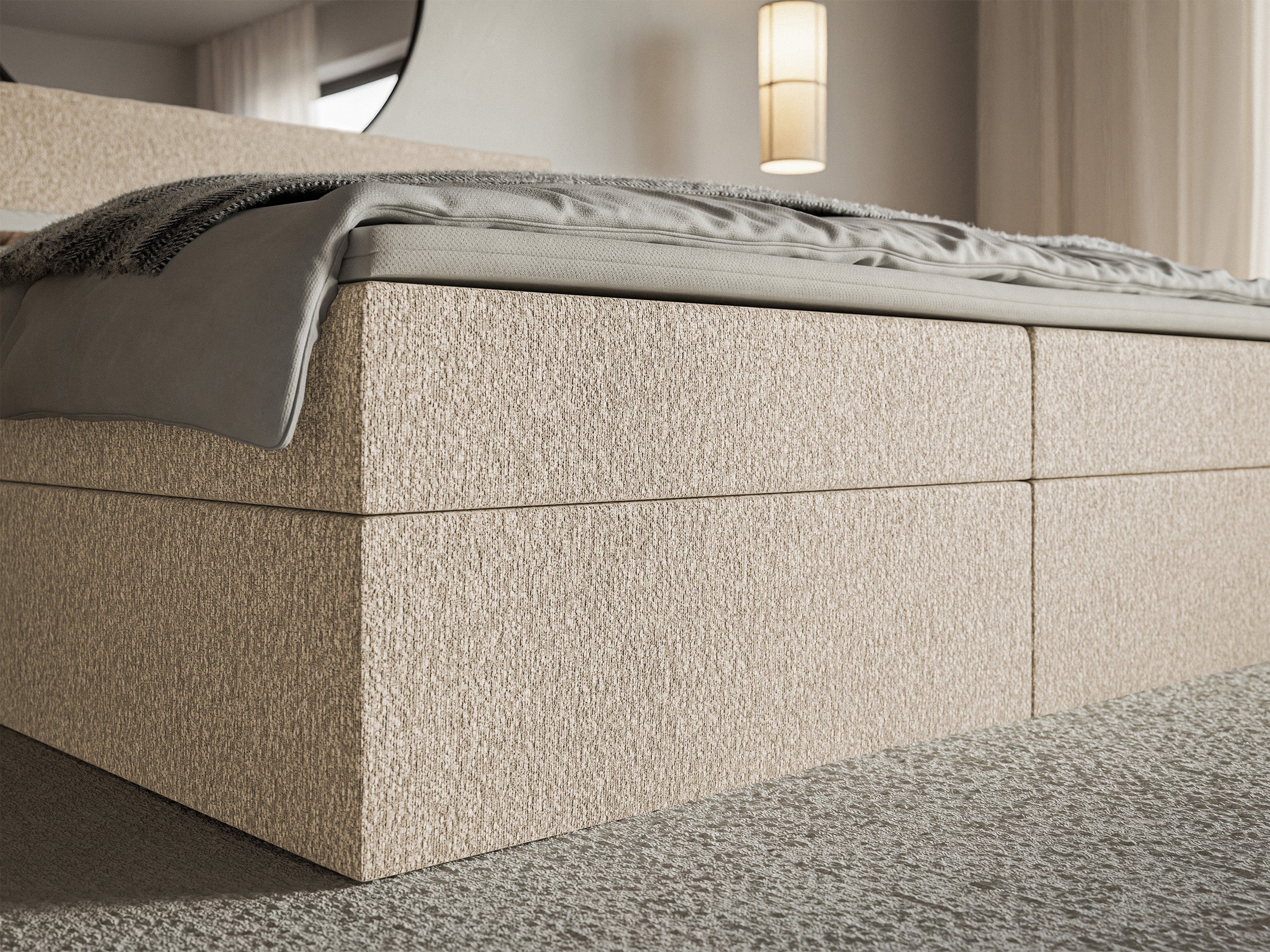 Kontinentalbett 140x200 cm Softie mit Stauraum und Topper, hellbeiger Chenille
