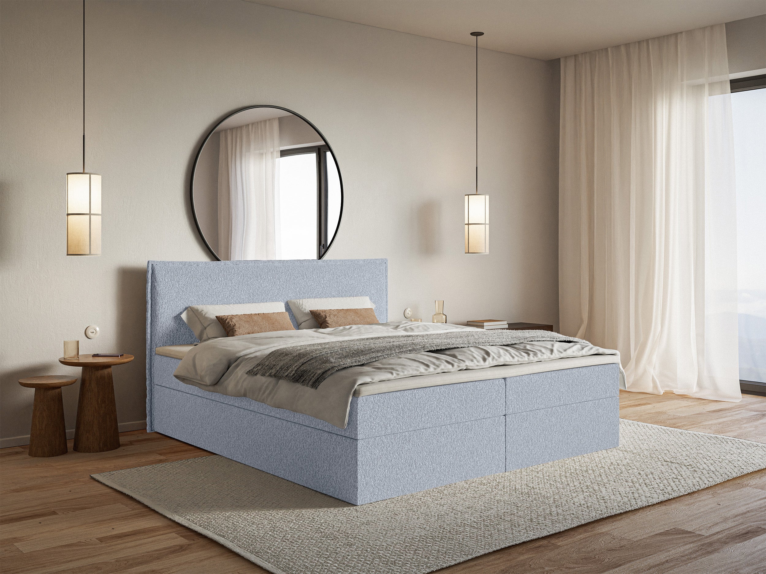 Kontinentalbett 140x200 cm Softie mit Stauraum und Topper, hellblauer Chenille