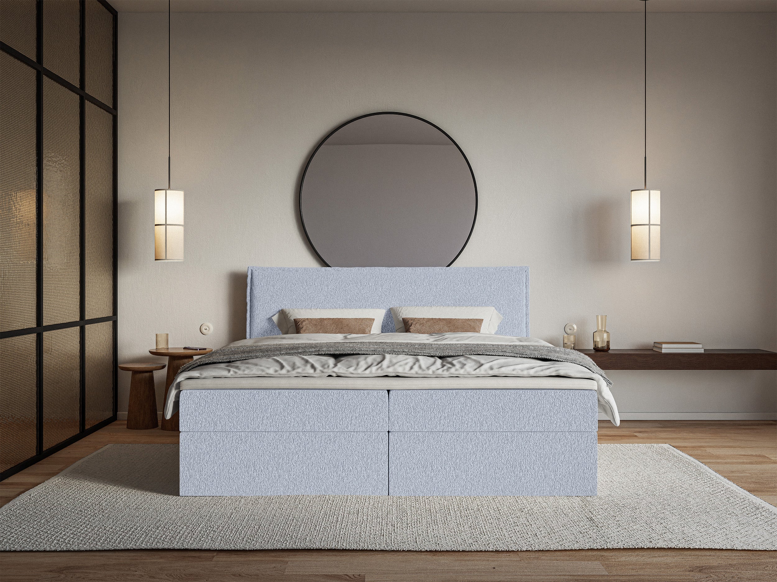 Kontinentalbett 140x200 cm Softie mit Stauraum und Topper, hellblauer Chenille