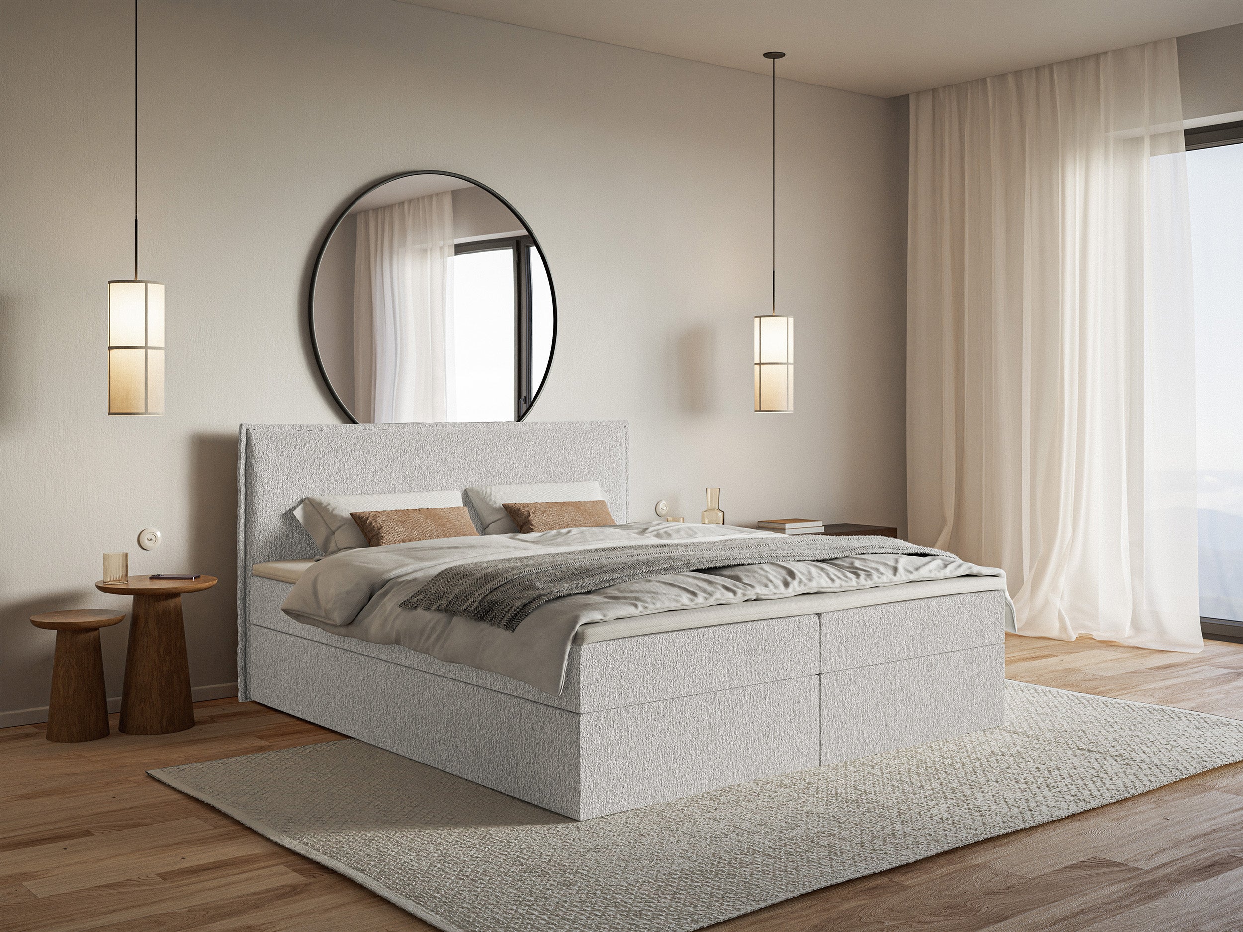 Kontinentalbett 180x200 cm Softie mit Stauraum und Topper, hellgrauer Chenillestoff