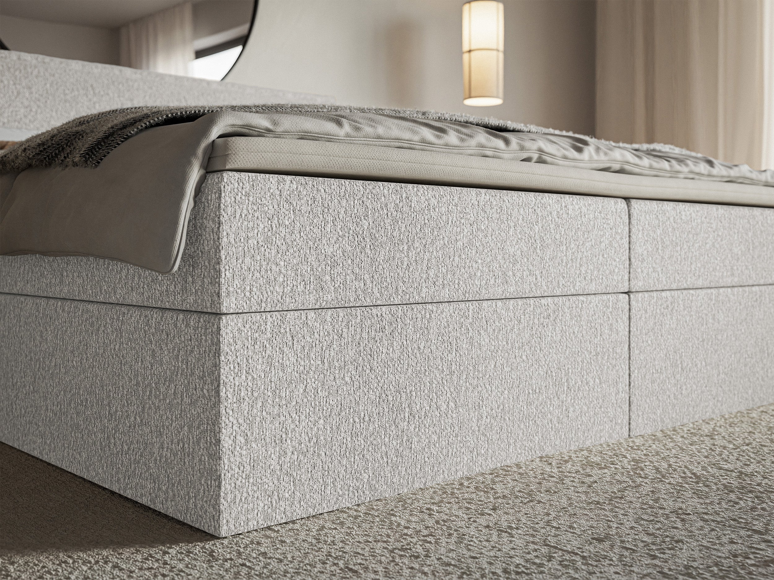 Kontinentalbett 140x200 cm Softie mit Stauraum und Topper, hellgrauer Chenille
