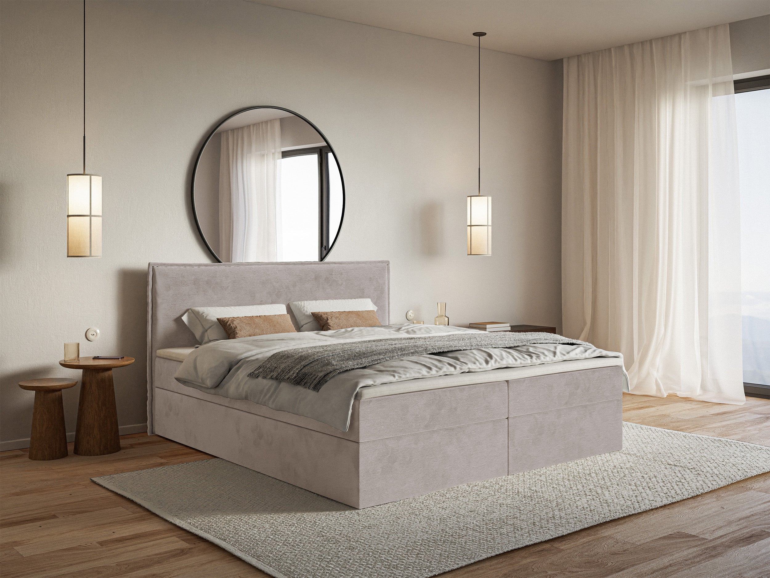 Kontinentalbett 180x200 cm Softie mit Stauraum und Topper, grau-brauner wasserabweisender Samt