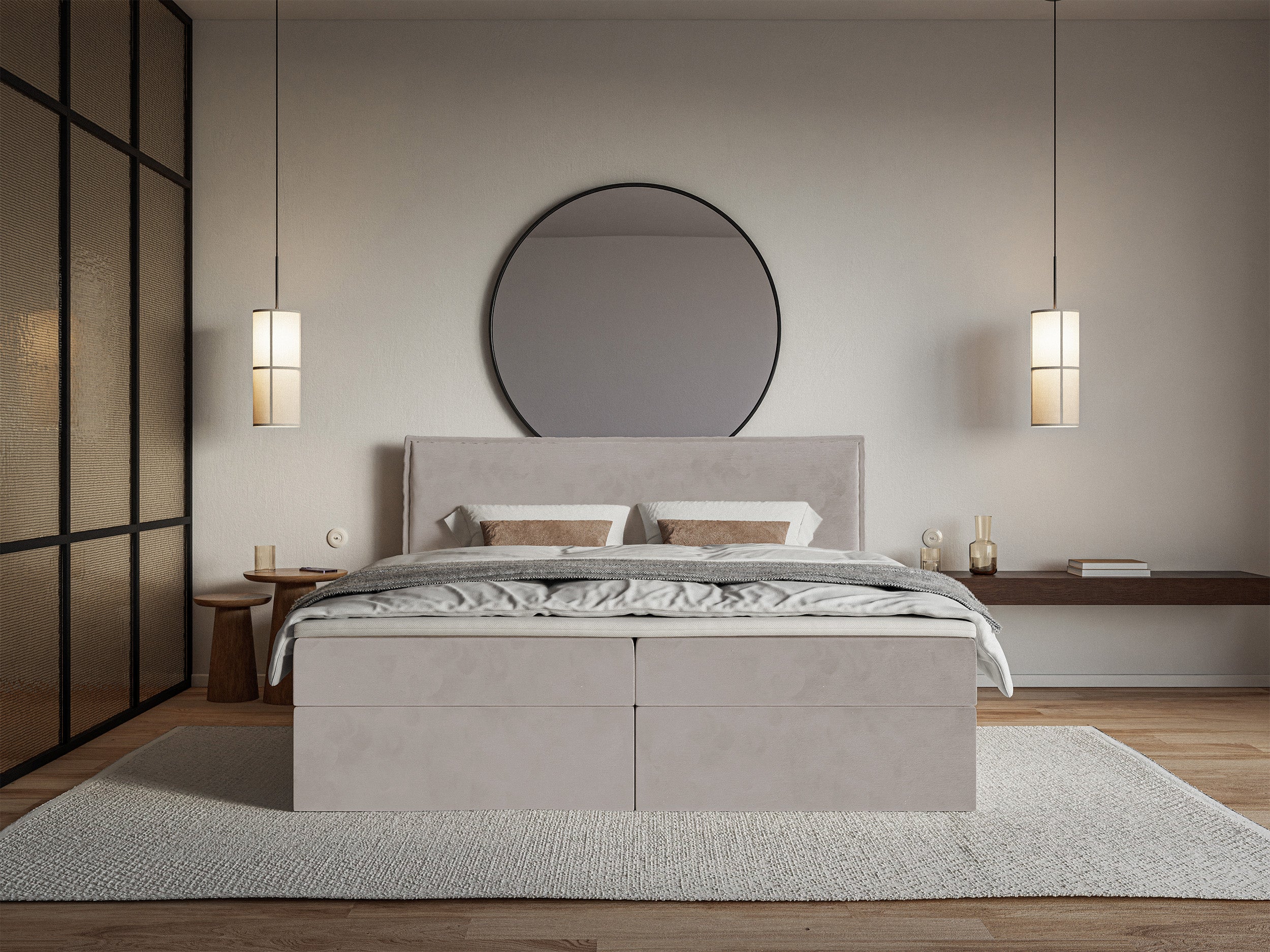 Kontinentalbett 140x200 cm Softie mit Stauraum und Topper, graubrauner Velours, wasserabweisend