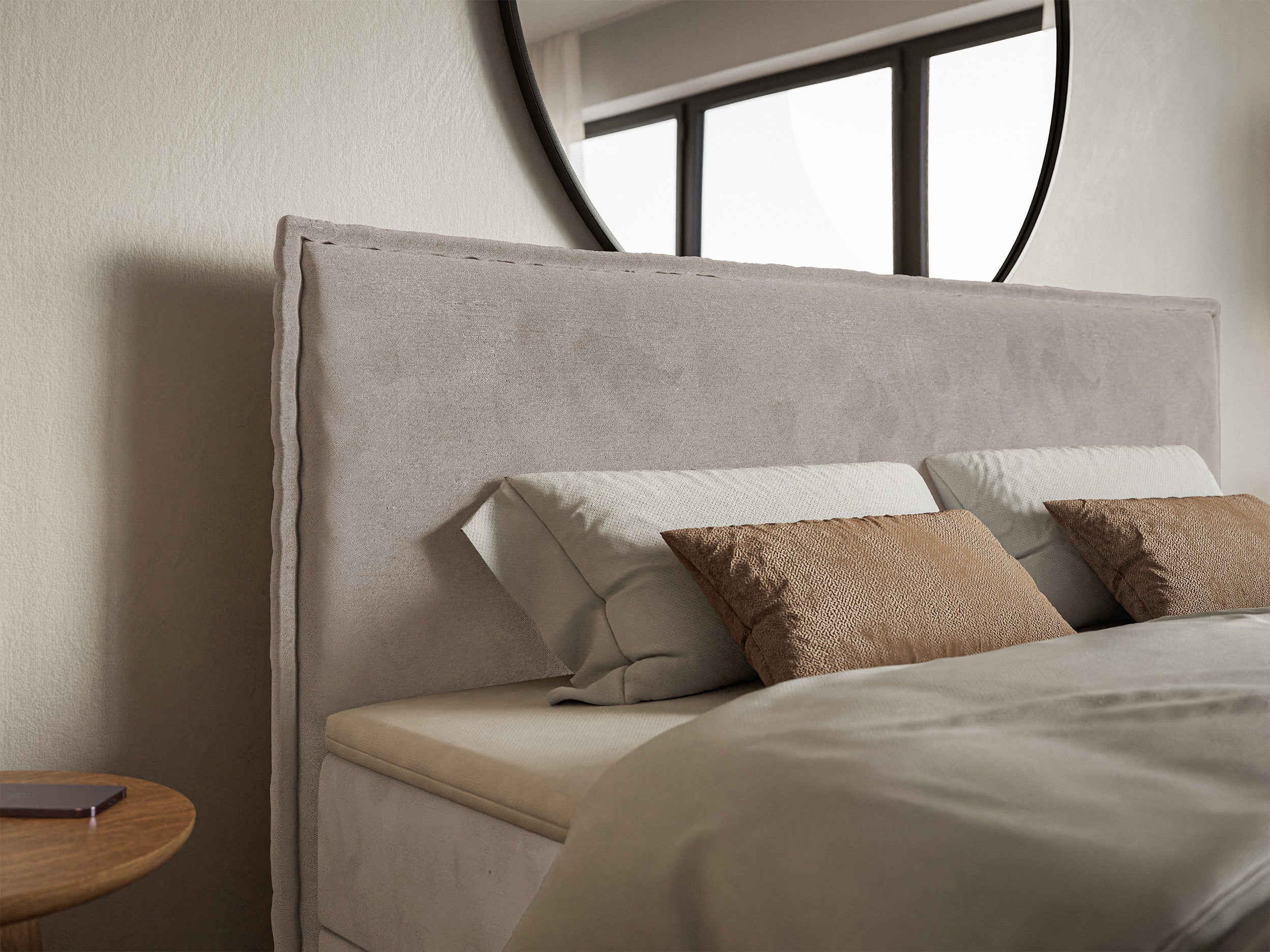 Kontinentalbett 140x200 cm Softie mit Stauraum und Topper, graubrauner Velours, wasserabweisend