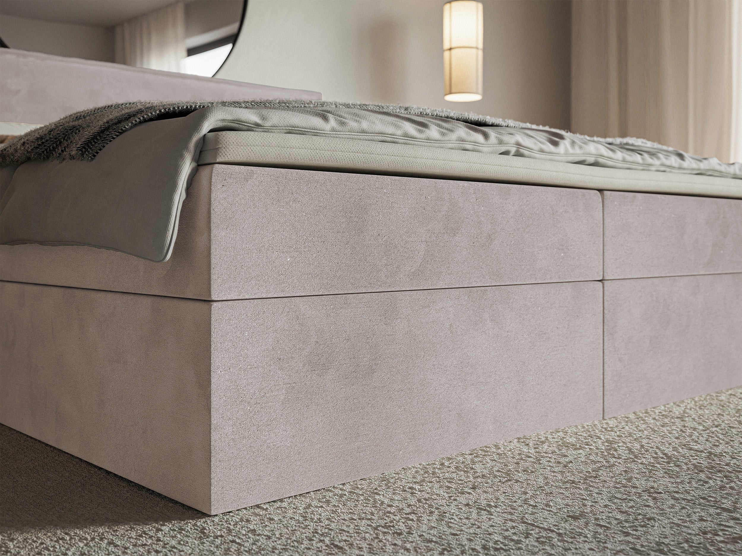 Kontinentalbett 140x200 cm Softie mit Stauraum und Topper, graubrauner Velours, wasserabweisend