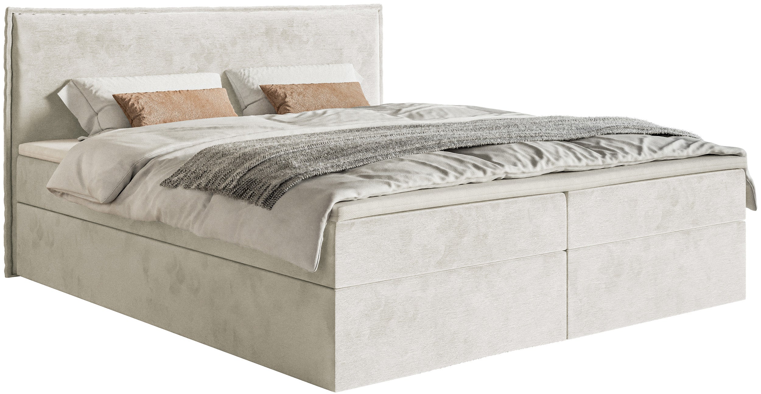Kontinentalbett 140x200 cm Softie mit Stauraum und Topper, grau-beiges Velours, wasserabweisend